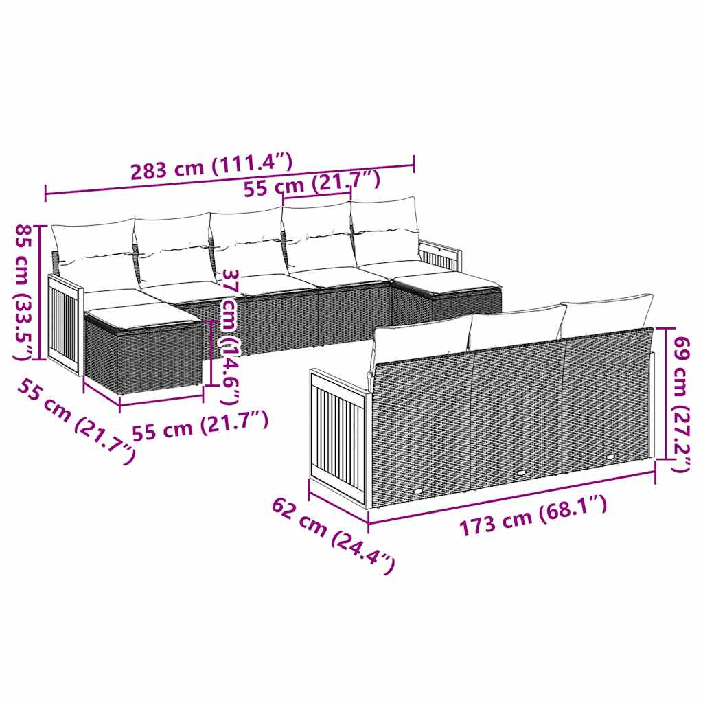 10 Pcs conjunto sofás de jardim c/ almofadões vime PE preto