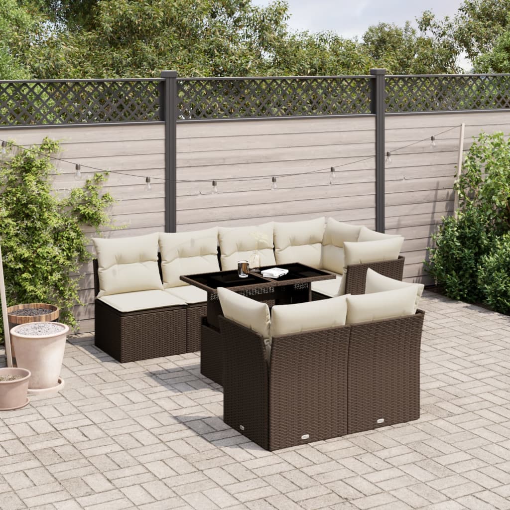 8 Pcs conjunto sofás de jardim c/ almofadões vime PE castanho