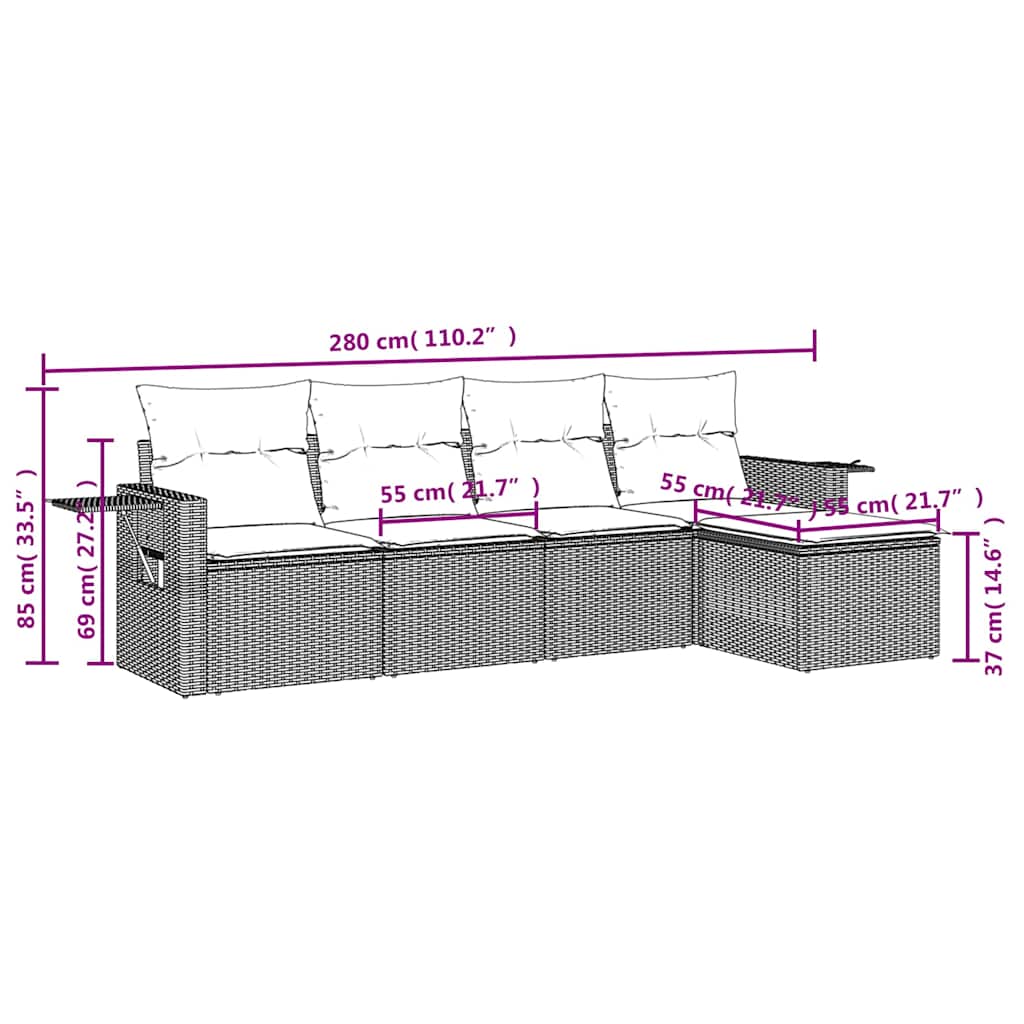 5 Pcs conj. sofás jardim c/ almofadões vime PE cinzento-claro