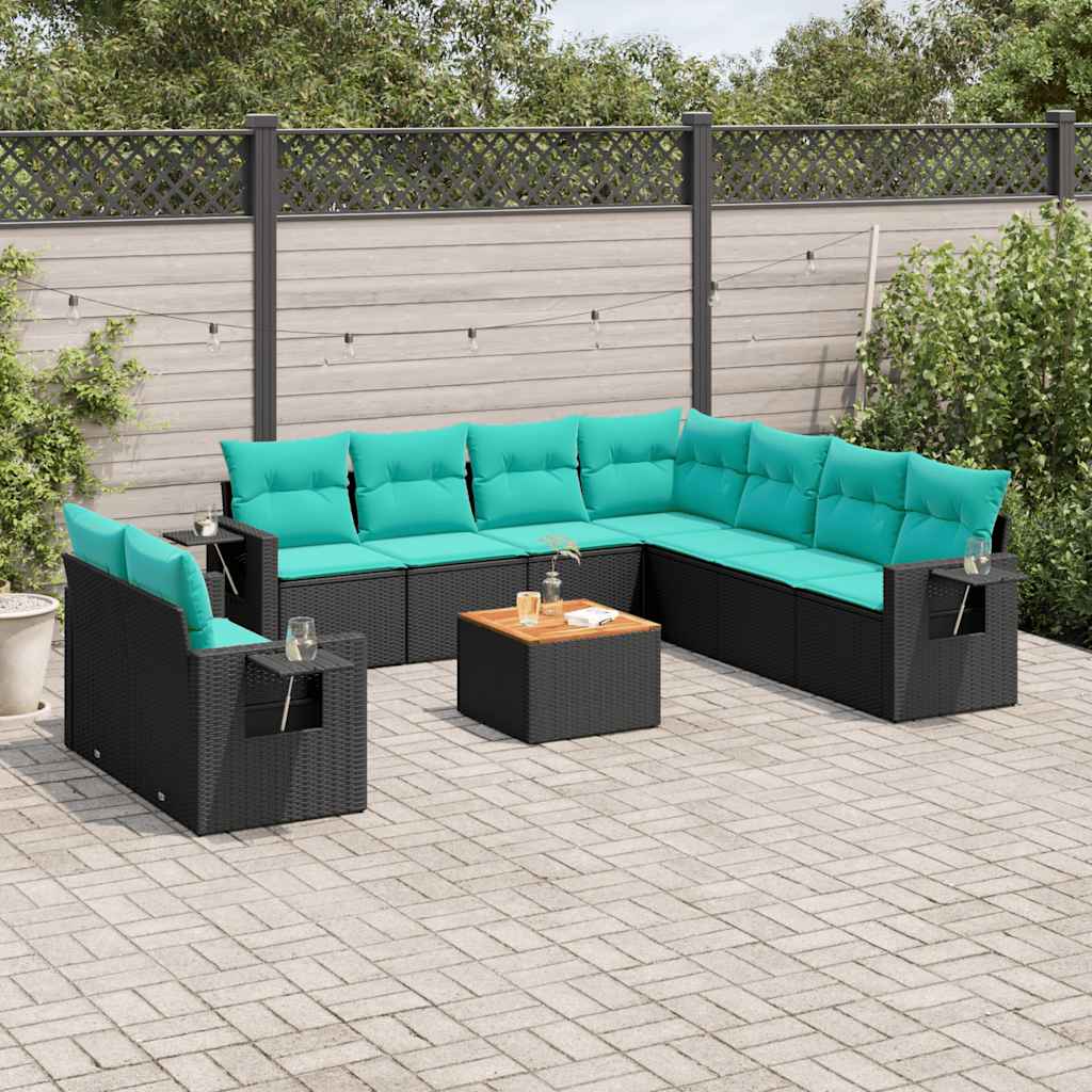 Conjunto de sofá de jardim com 10 peças e almofadas em rattan sintético preto
