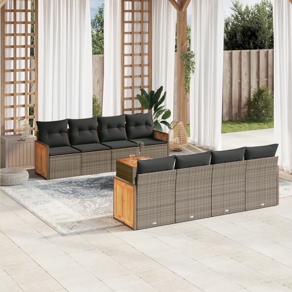 9 Pcs conjunto sofás p/ jardim com almofadões vime PE cinzento