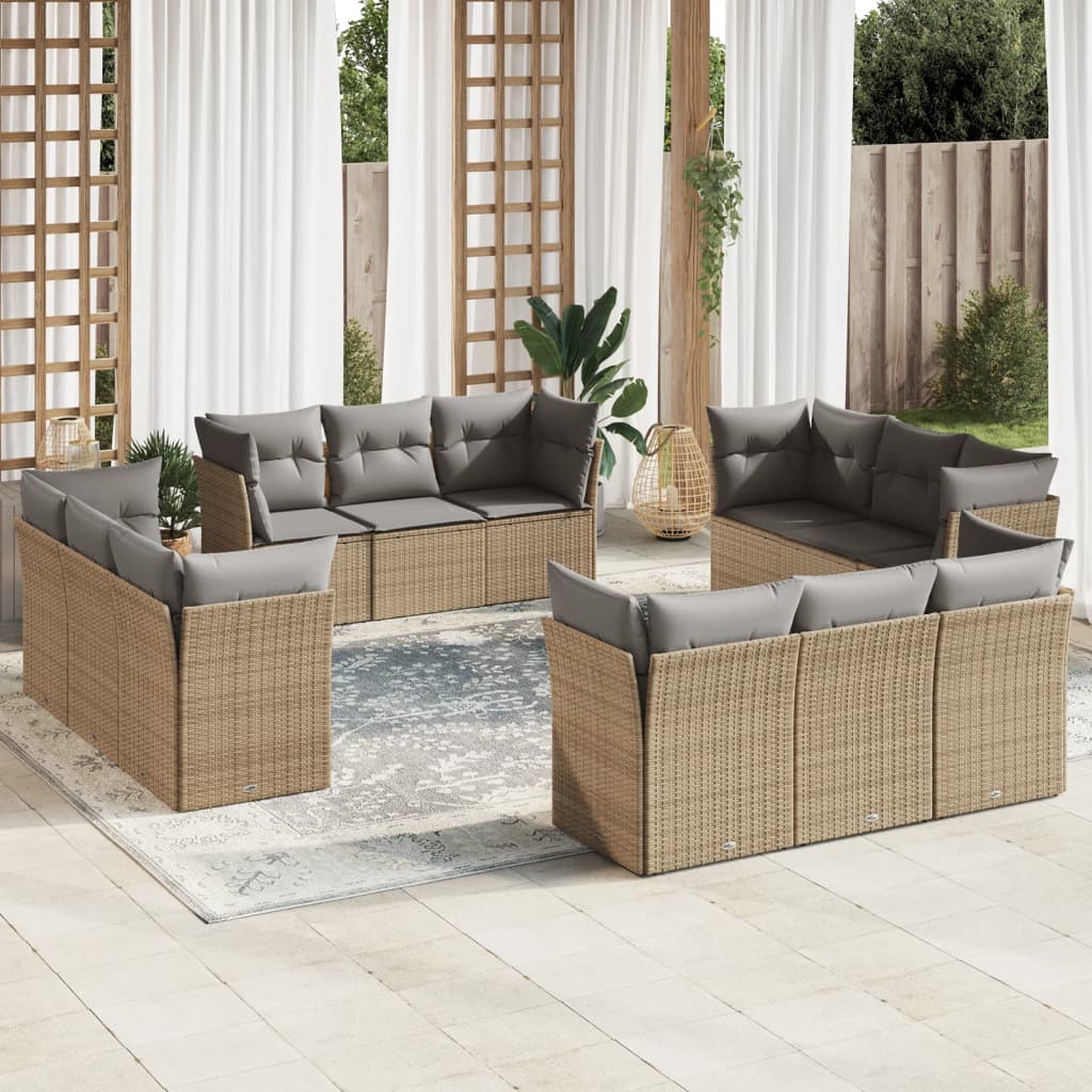 12 Pcs conjunto de sofás p/ jardim com almofadões vime PE bege
