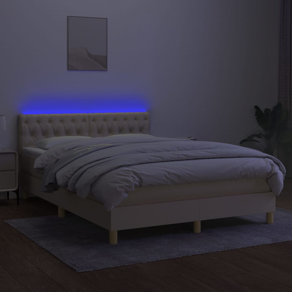 Cama box spring c/ colchão e LED 140x190 cm tecido cor creme