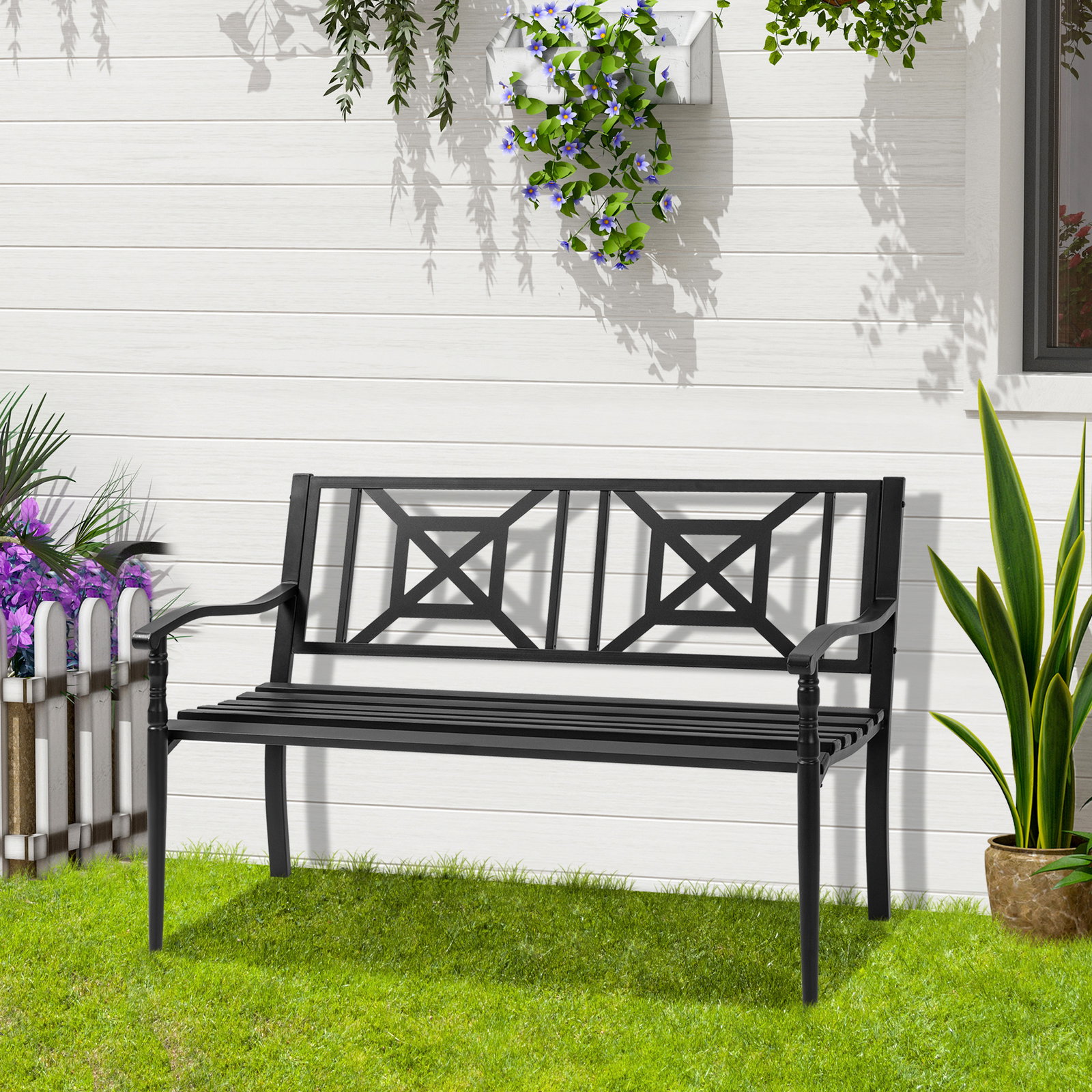 Banco de Jardim de 2 Lugares Banco de Exterior de Aço com Apoio para os Braços e Encosto Decorativo para Terraço Varanda Pátio C