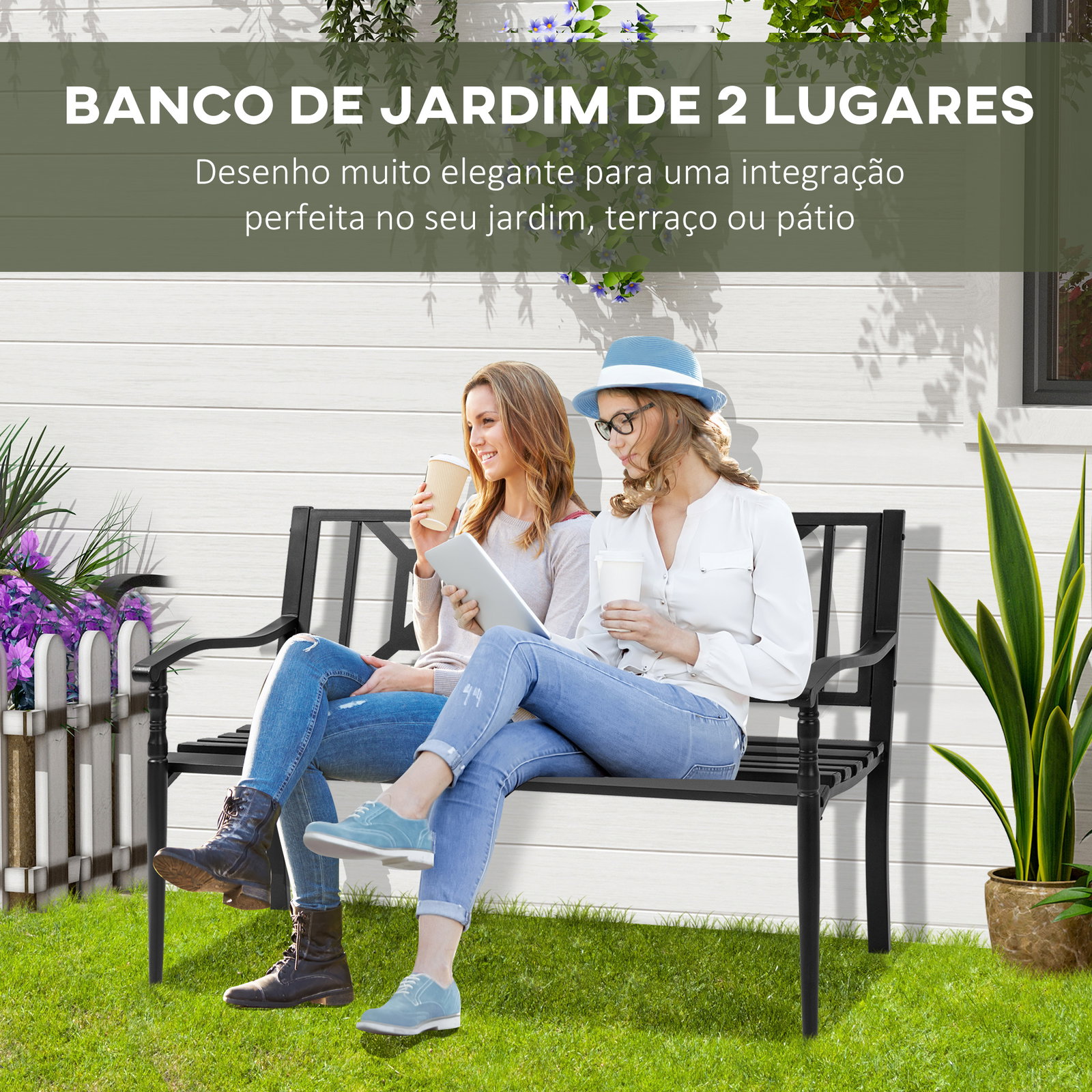 Banco de Jardim de 2 Lugares Banco de Exterior de Aço com Apoio para os Braços e Encosto Decorativo para Terraço Varanda Pátio C