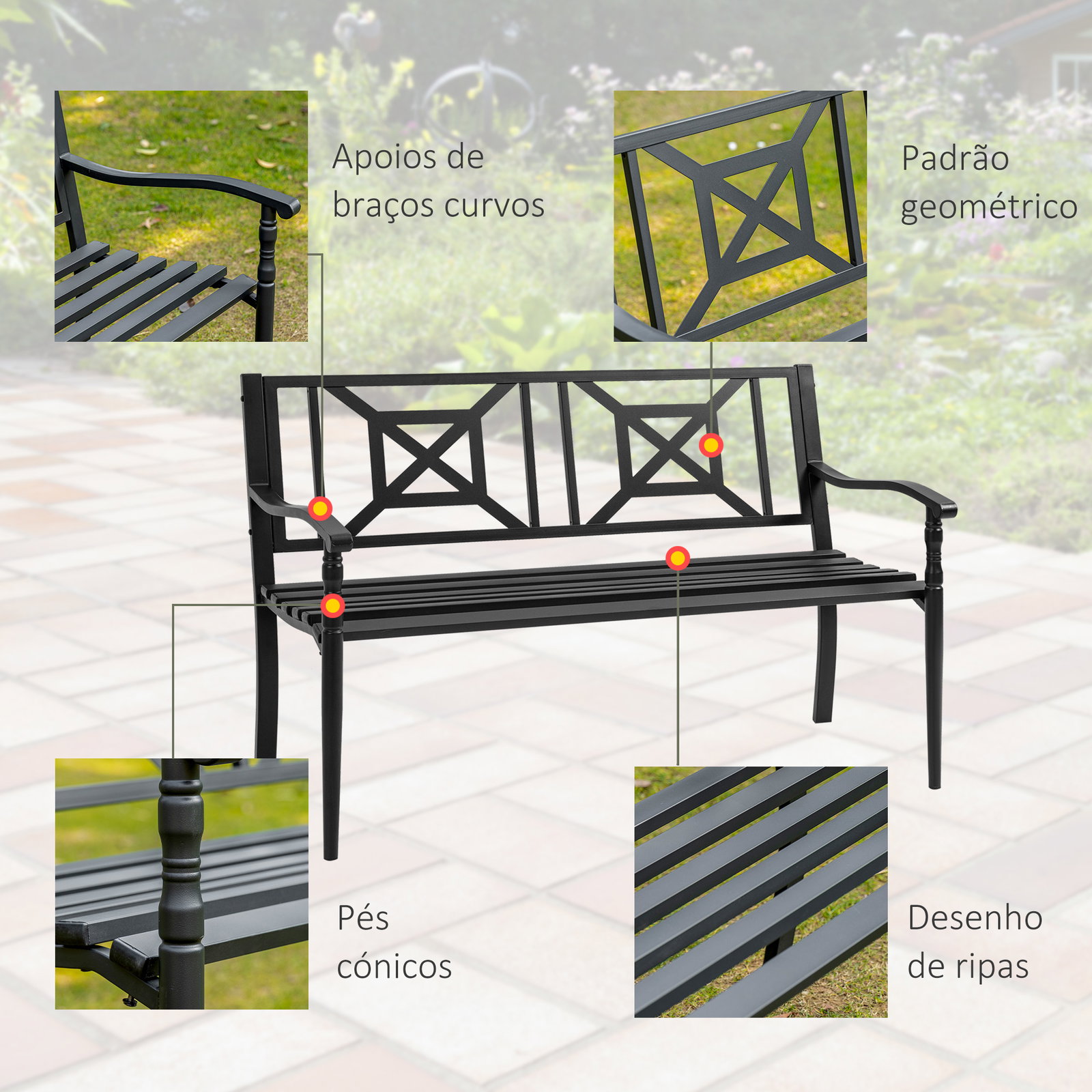Banco de Jardim de 2 Lugares Banco de Exterior de Aço com Apoio para os Braços e Encosto Decorativo para Terraço Varanda Pátio C