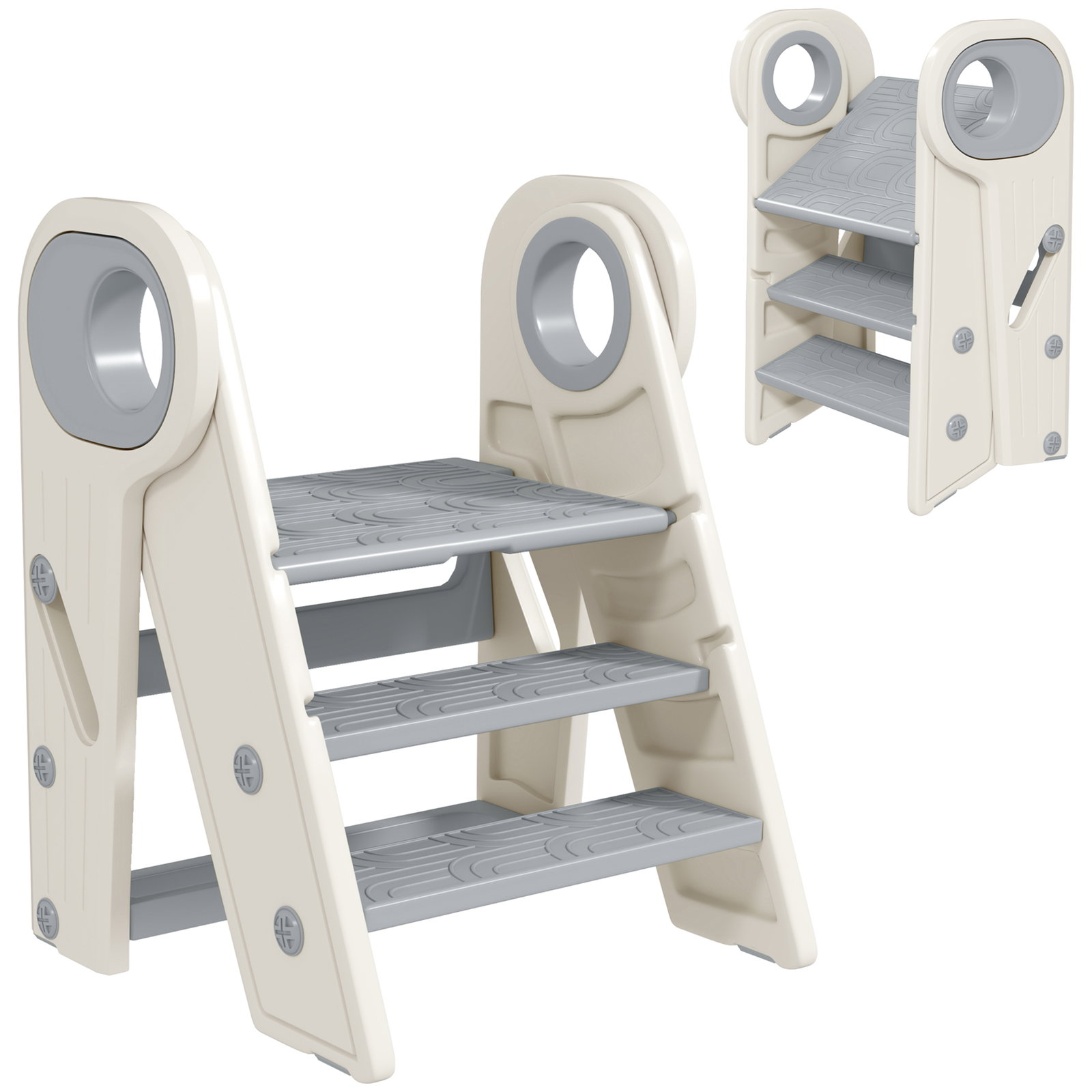 Banco para crianças dobrável torre de aprendizagem escada para crianças antiderrapante 46,5x47x61,5 cm cinza e branco