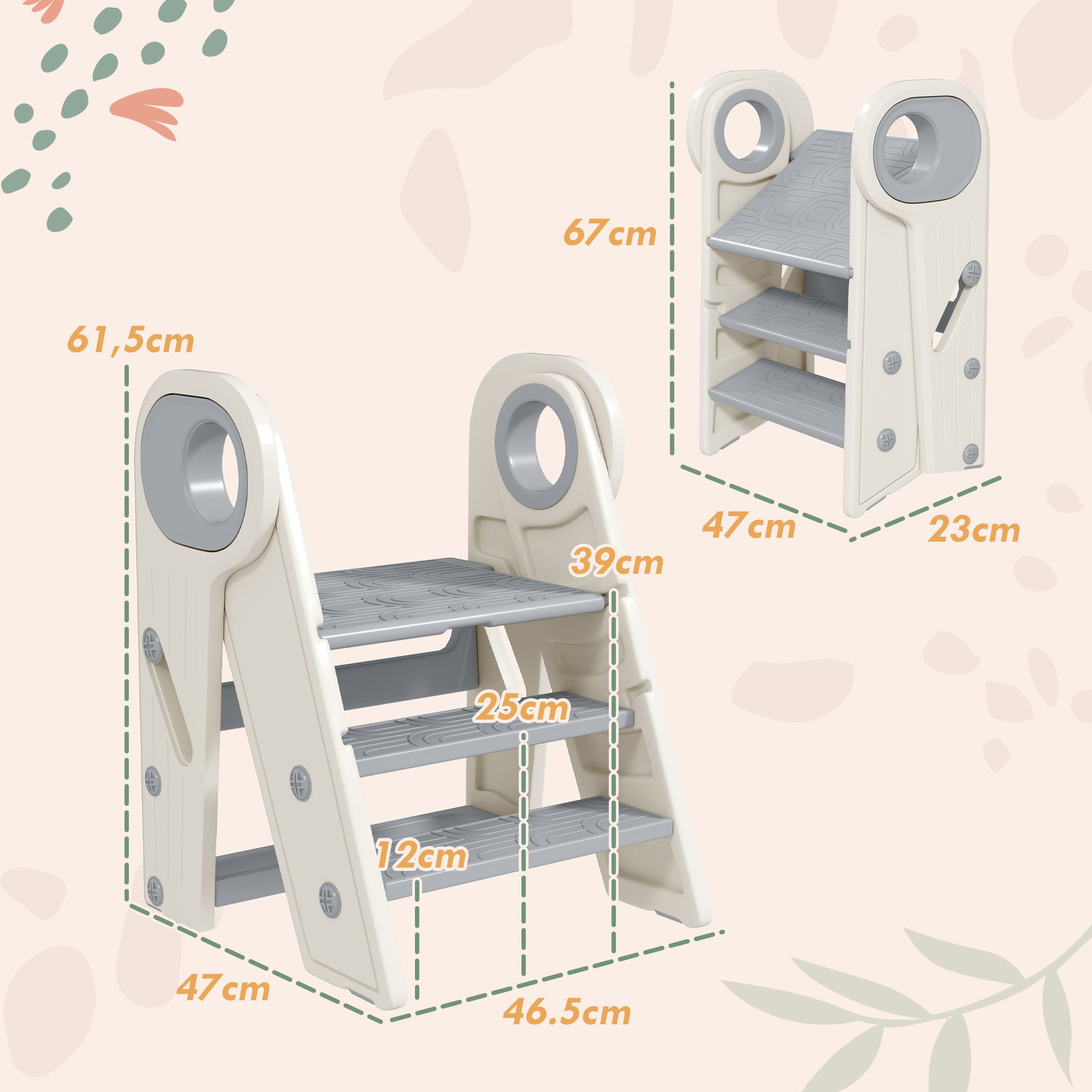 Banco para crianças dobrável torre de aprendizagem escada para crianças antiderrapante 46,5x47x61,5 cm cinza e branco