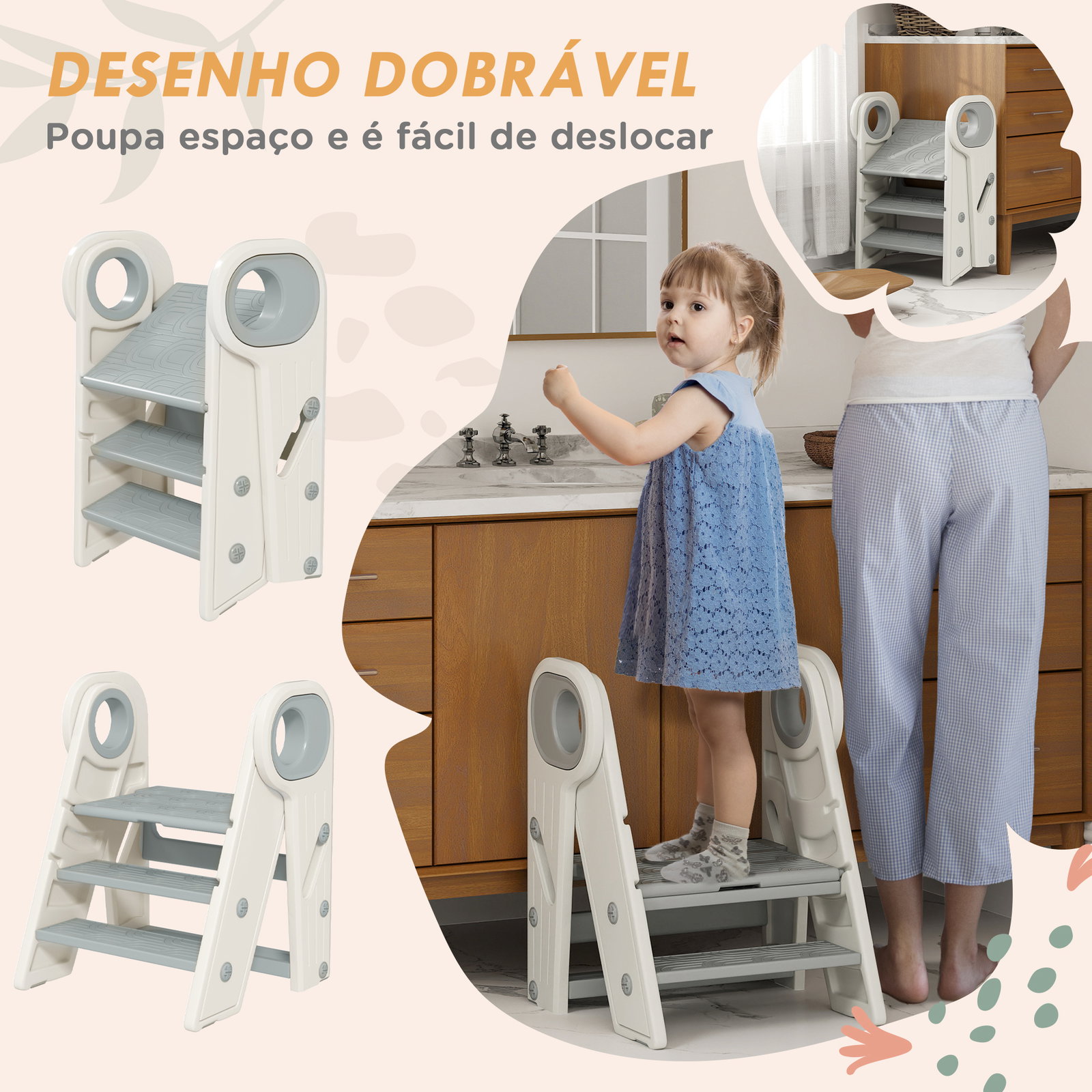 Banco para crianças dobrável torre de aprendizagem escada para crianças antiderrapante 46,5x47x61,5 cm cinza e branco