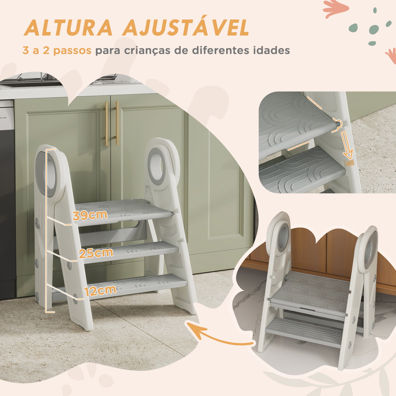 Banco para crianças dobrável torre de aprendizagem escada para crianças antiderrapante 46,5x47x61,5 cm cinza e branco
