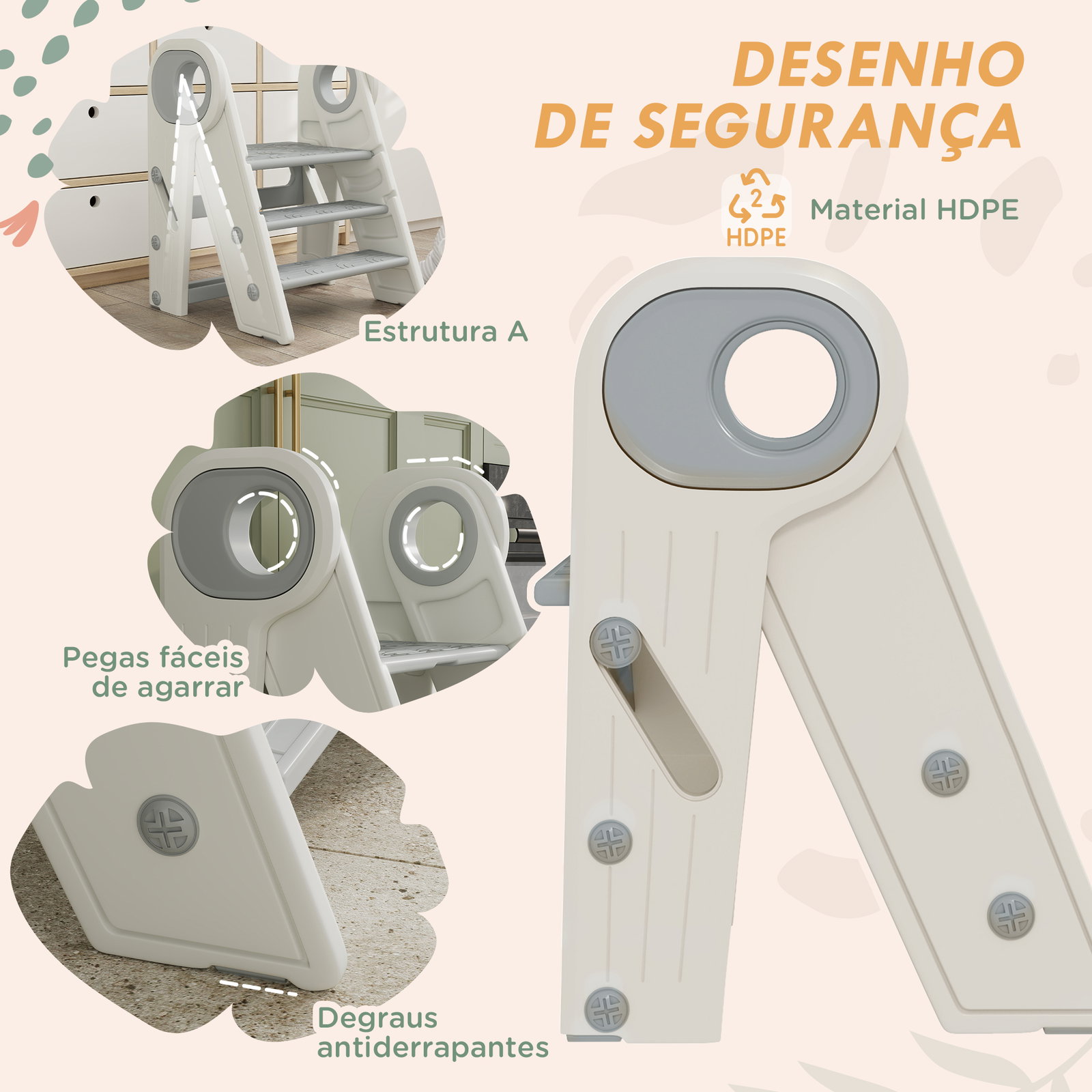 Banco para crianças dobrável torre de aprendizagem escada para crianças antiderrapante 46,5x47x61,5 cm cinza e branco