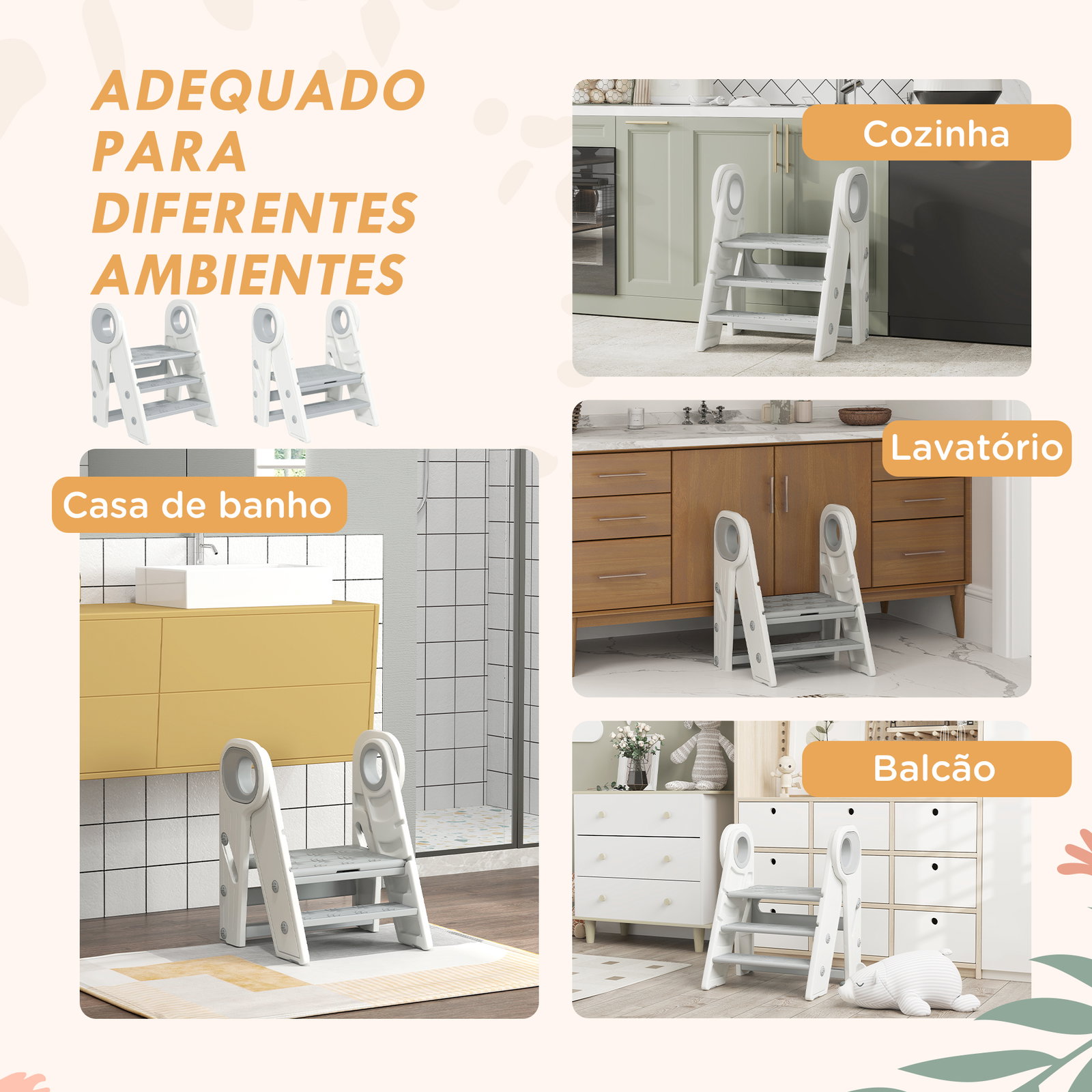Banco para crianças dobrável torre de aprendizagem escada para crianças antiderrapante 46,5x47x61,5 cm cinza e branco