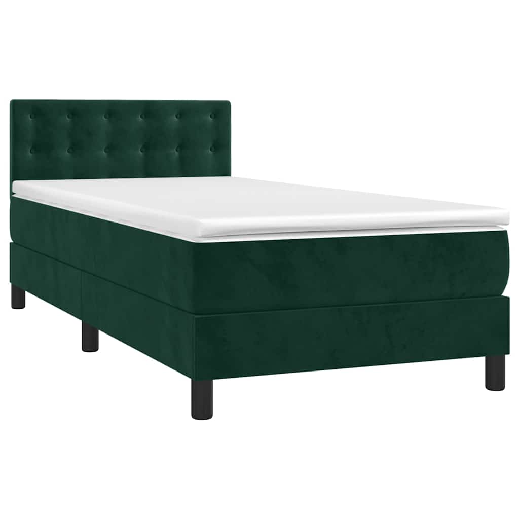 Cama box spring c/ colchão/LED 90x190 cm veludo verde-escuro