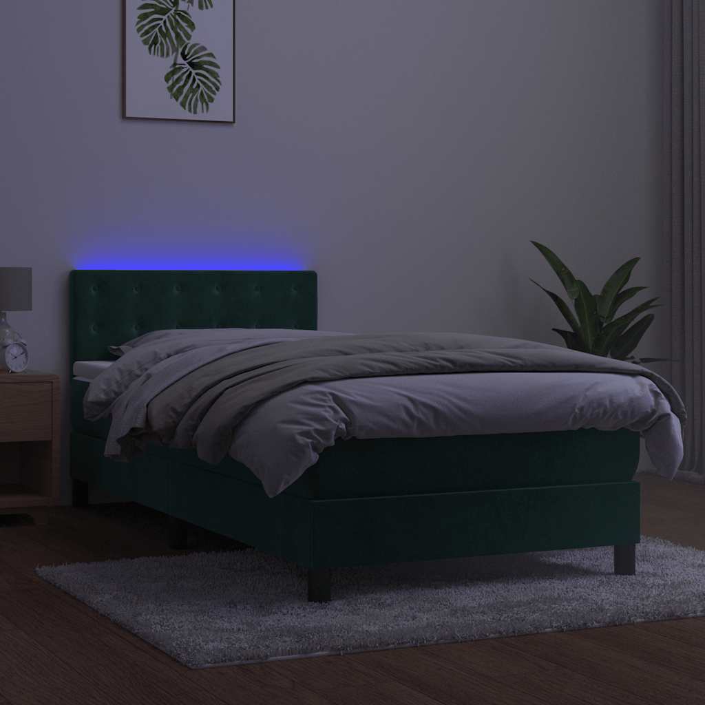 Cama box spring c/ colchão/LED 90x190 cm veludo verde-escuro