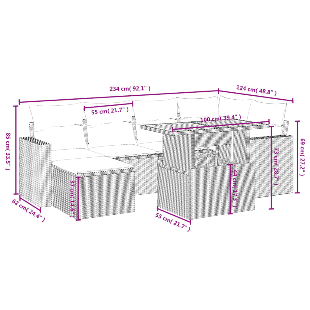 7 Pcs conjunto de sofás p/ jardim com almofadões vime PE bege