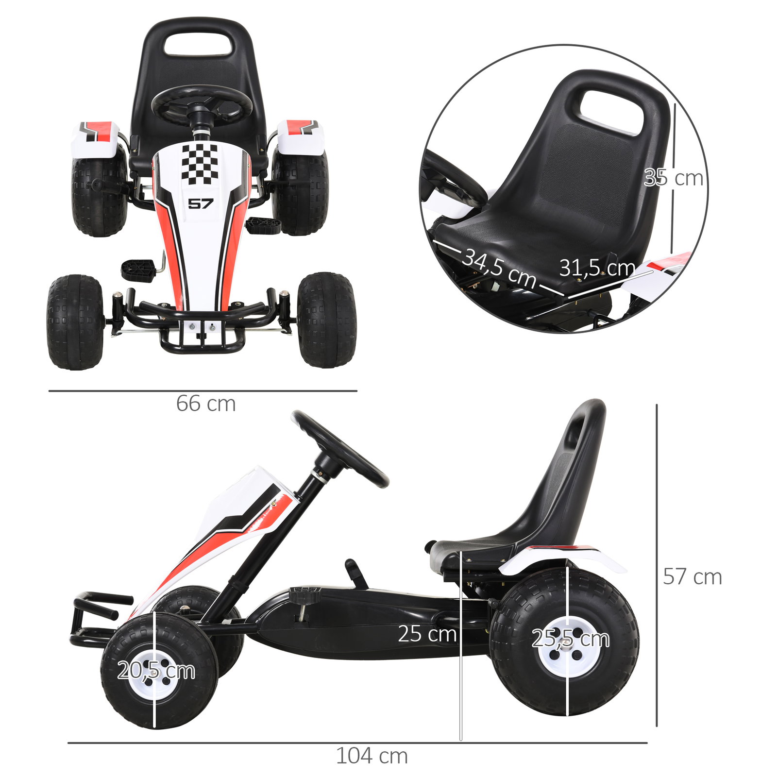 Go kart a pedais para crianças acima de 3 anos carro de pedais infantil com assento ajustável e freio de mão 104x66x57cm branco e preto