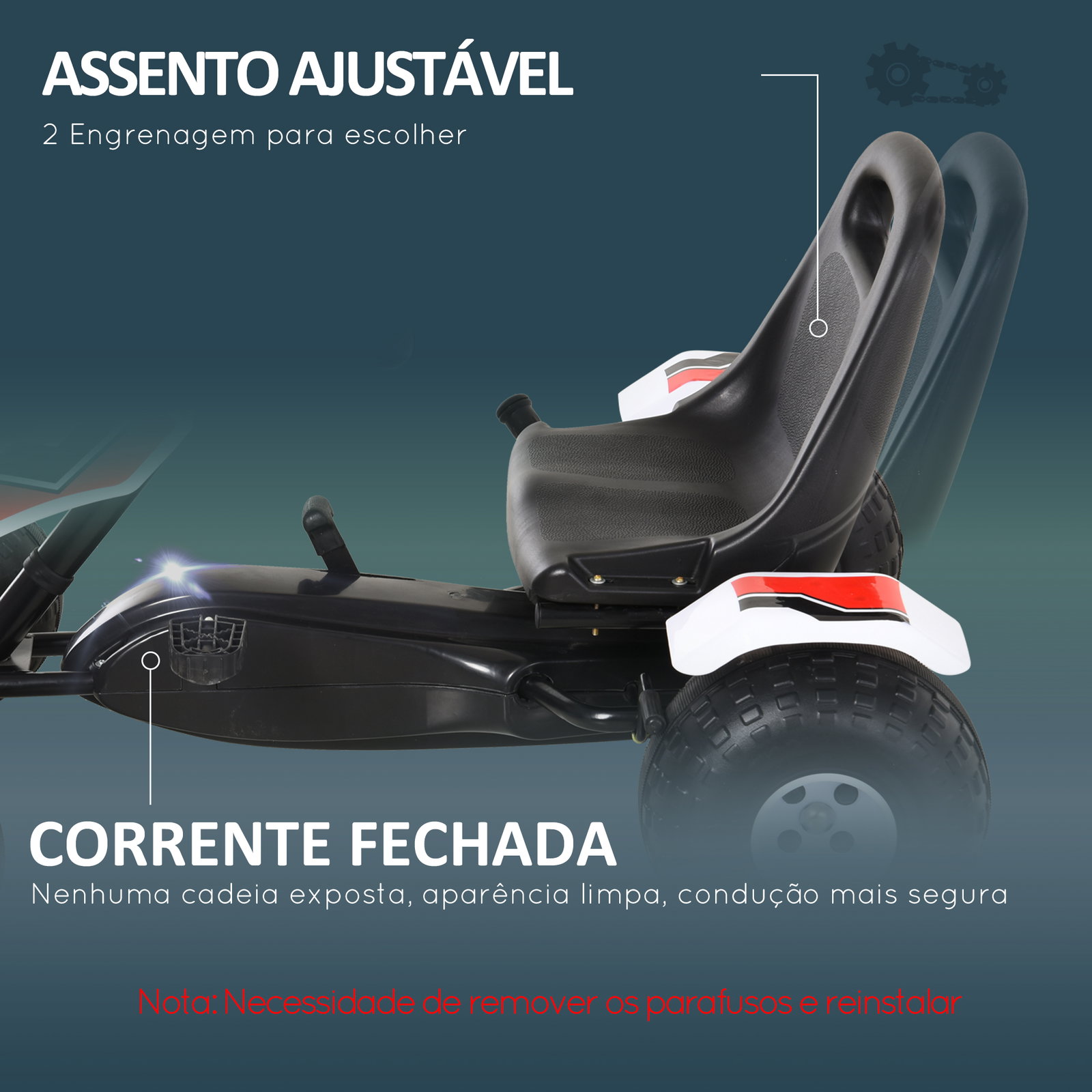 Go kart a pedais para crianças acima de 3 anos carro de pedais infantil com assento ajustável e freio de mão 104x66x57cm branco e preto
