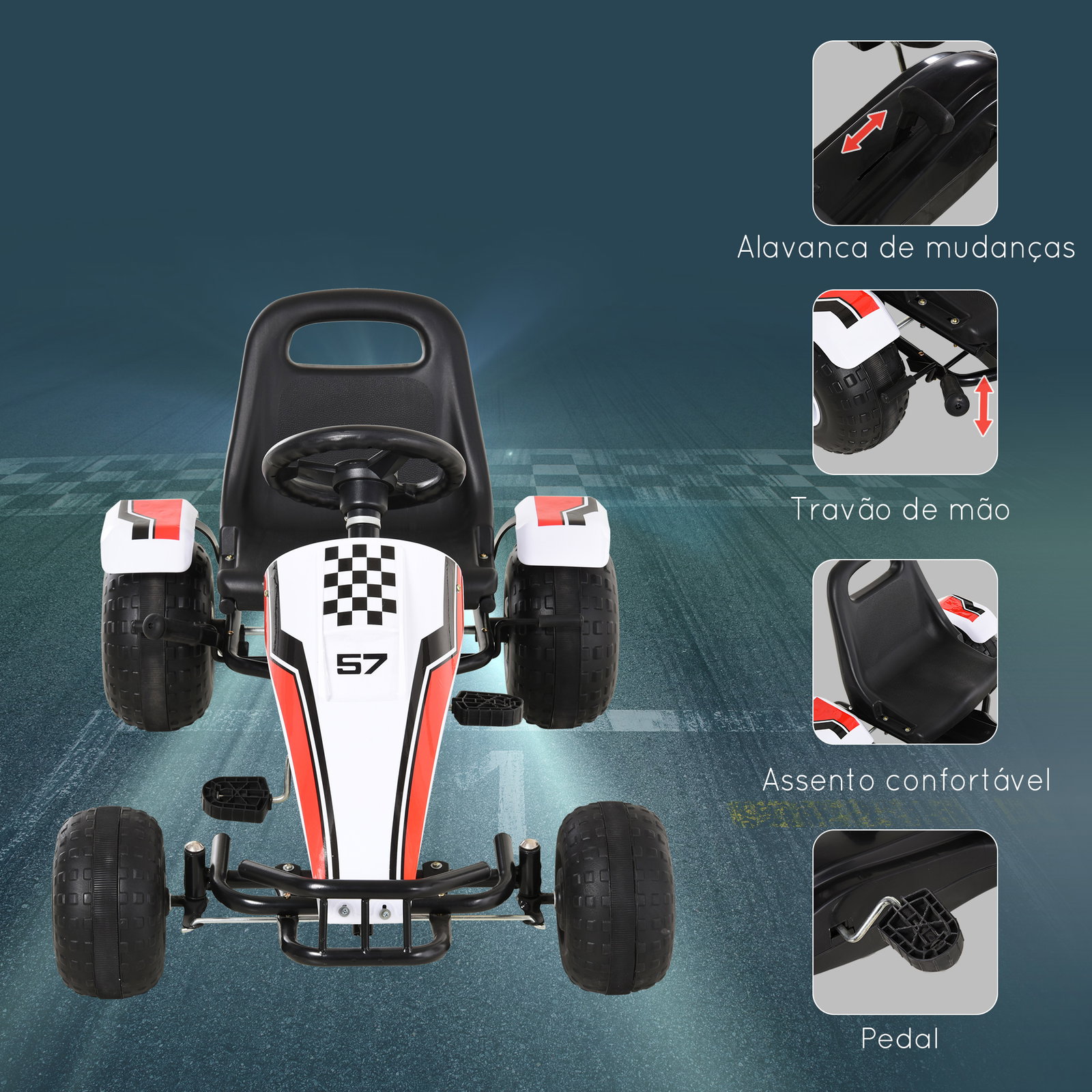 Go kart a pedais para crianças acima de 3 anos carro de pedais infantil com assento ajustável e freio de mão 104x66x57cm branco e preto