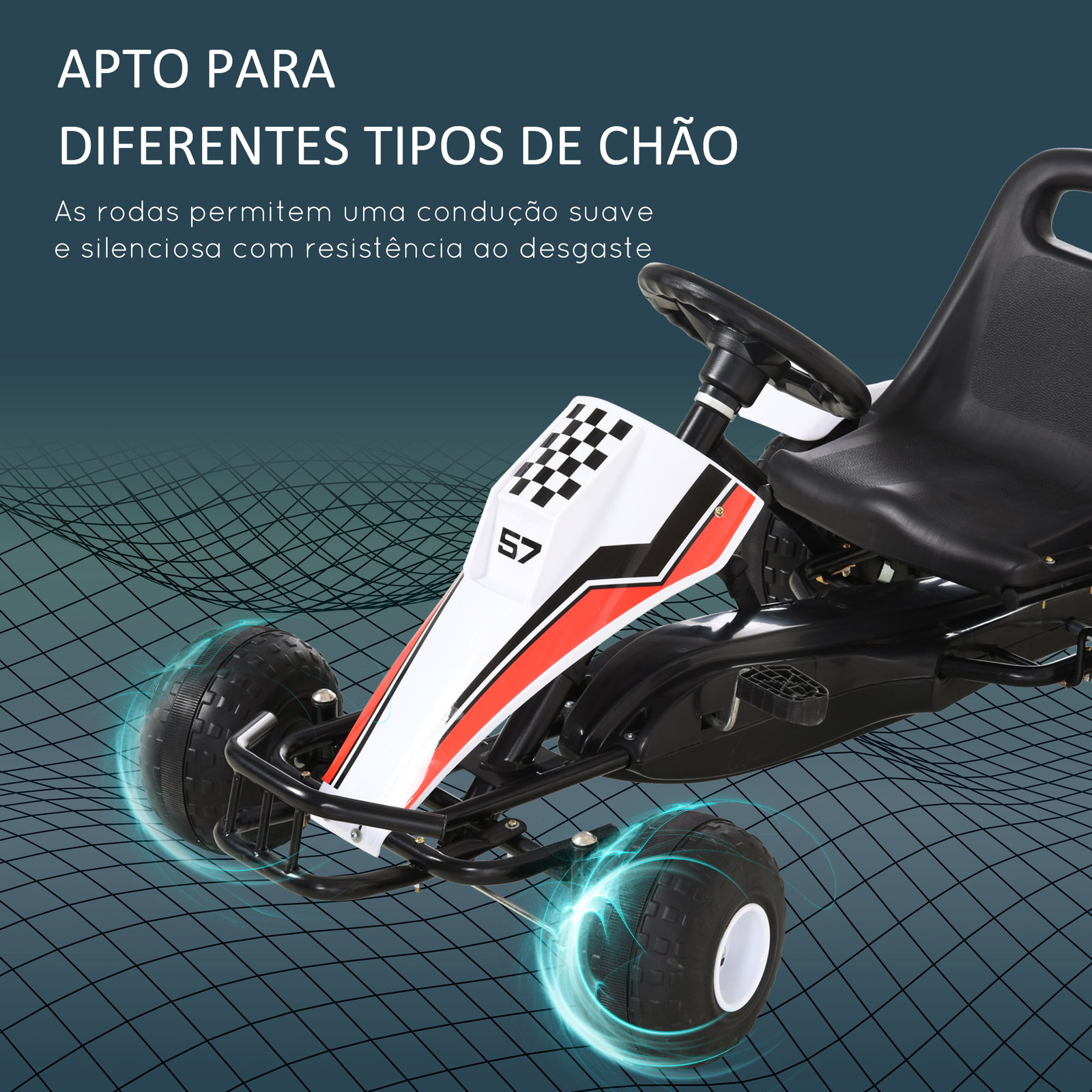 Go kart a pedais para crianças acima de 3 anos carro de pedais infantil com assento ajustável e freio de mão 104x66x57cm branco e preto