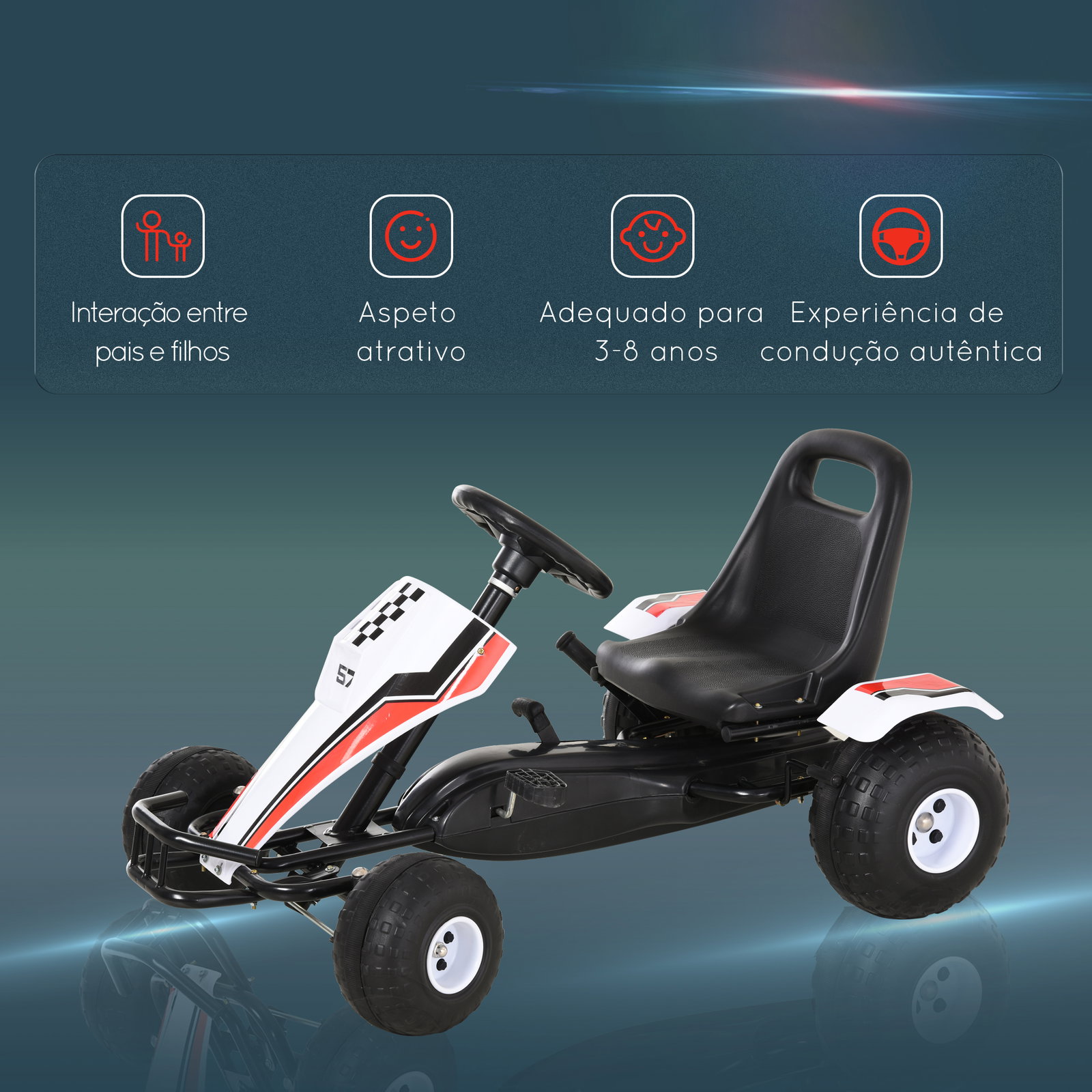 Go kart a pedais para crianças acima de 3 anos carro de pedais infantil com assento ajustável e freio de mão 104x66x57cm branco e preto
