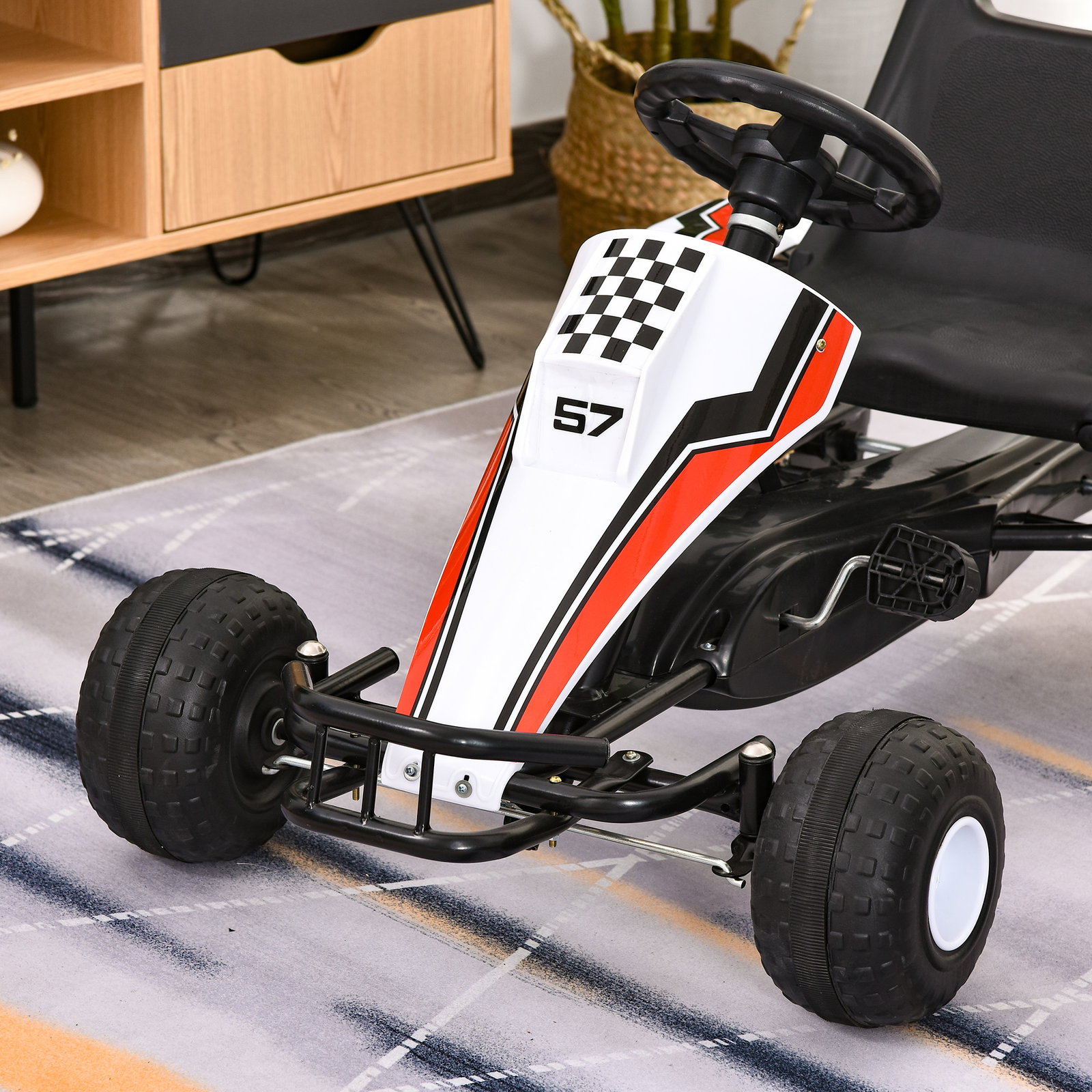 Go kart a pedais para crianças acima de 3 anos carro de pedais infantil com assento ajustável e freio de mão 104x66x57cm branco e preto