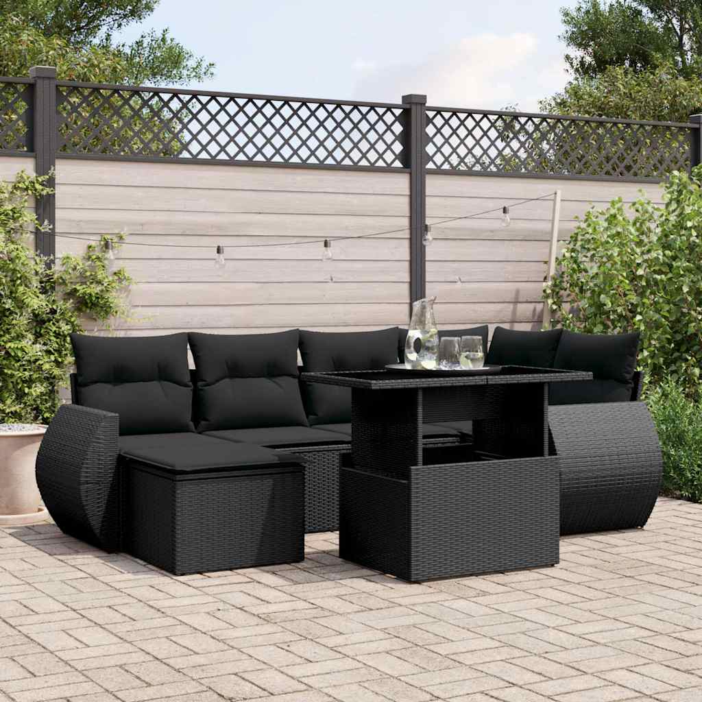 7 Pcs conjunto de sofás p/ jardim c/ almofadões vime PE preto