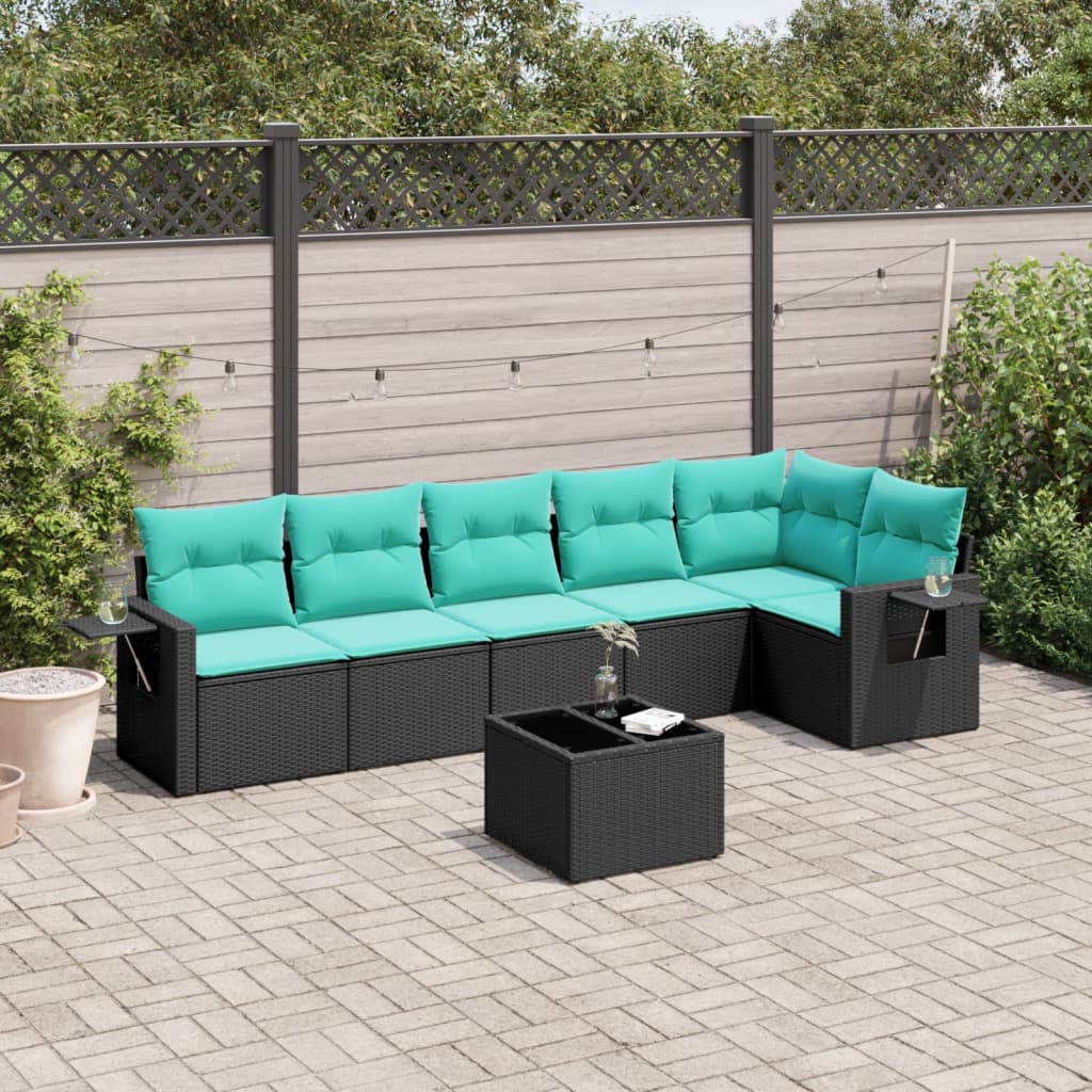 Conjunto de sofá de jardim com 7 peças e almofadas em rattan sintético preto