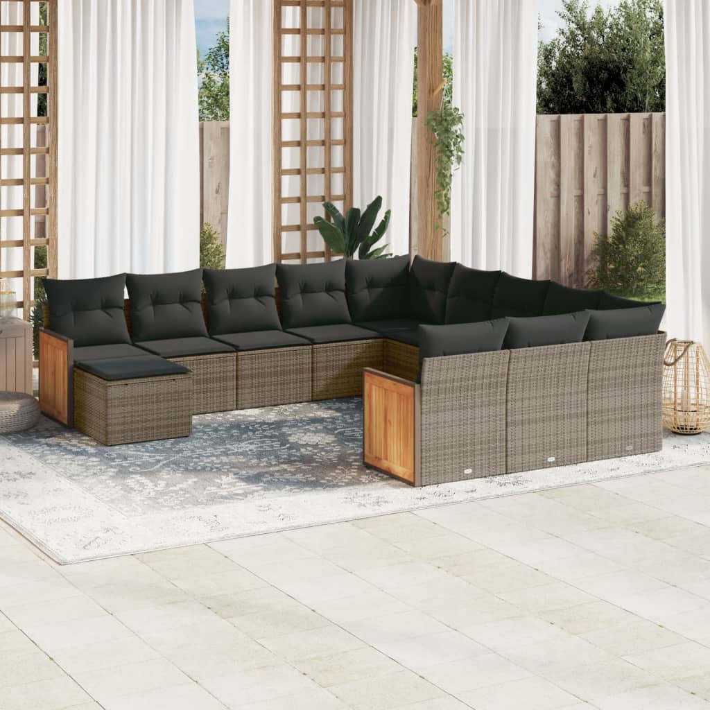 12 Pcs conjunto de sofás jardim c/ almofadões vime PE cinzento