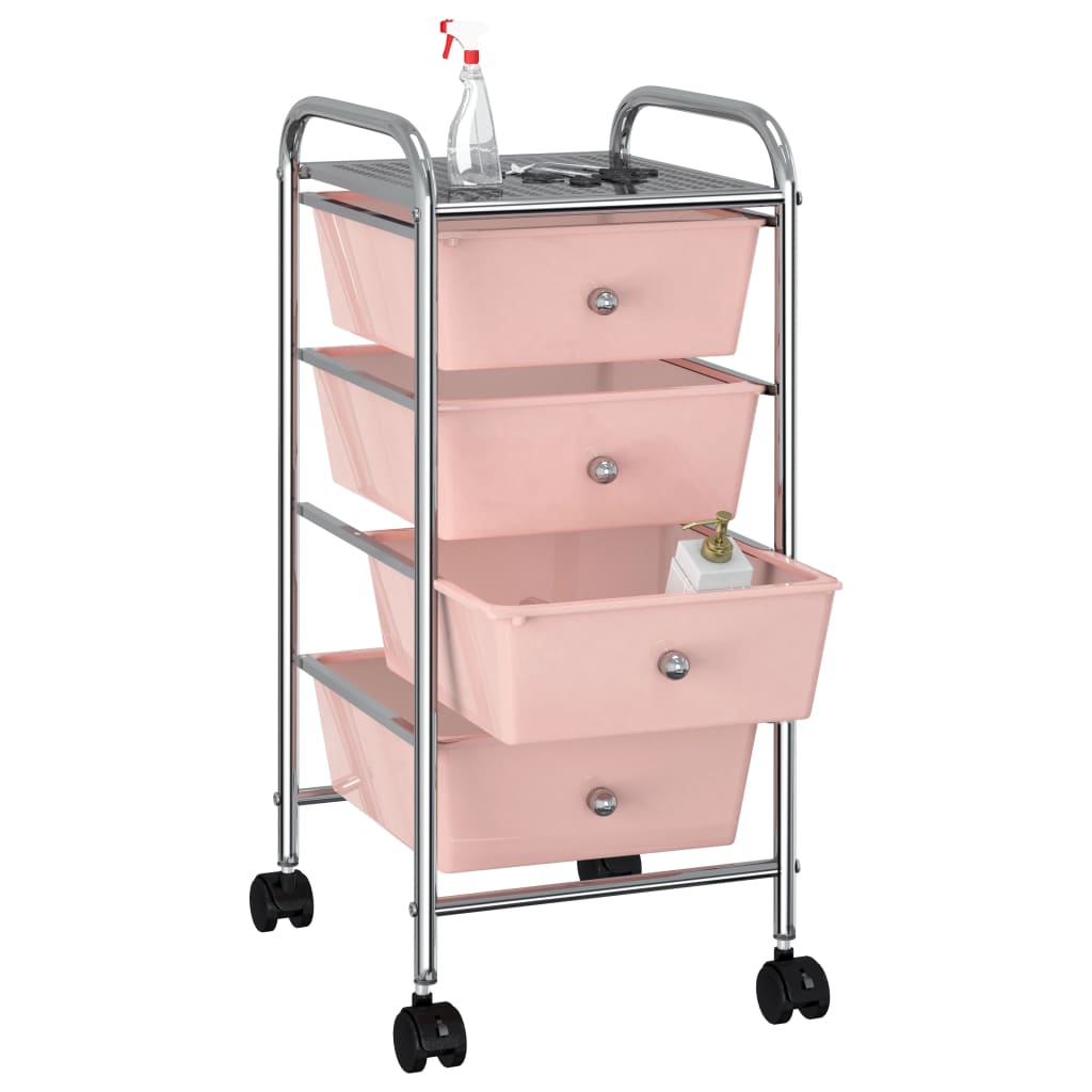 Carrinho de arrumação móvel com 4 gavetas plástico rosa