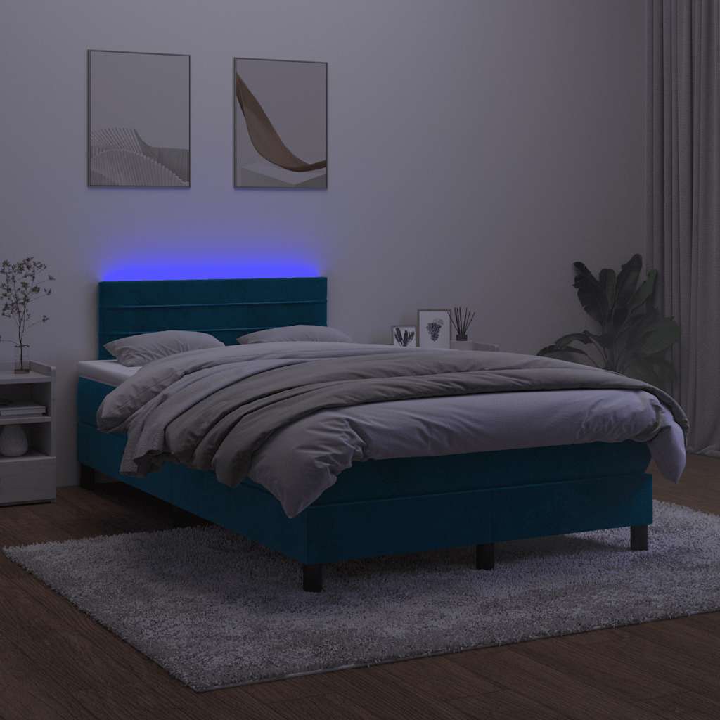 Cama box spring c/ colchão/LED 120x200 cm veludo azul-escuro