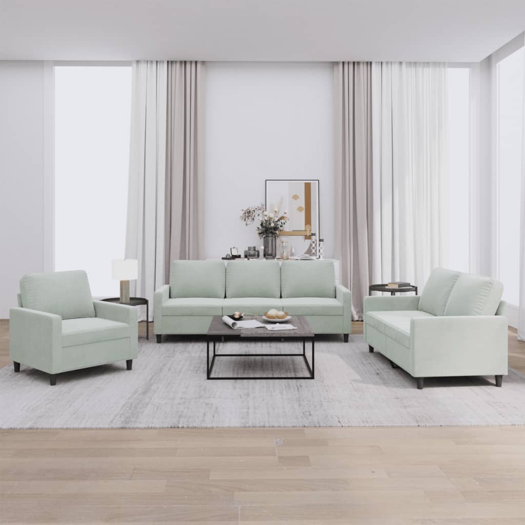 3 Pcs conjunto de sofás com almofadões veludo cinzento-claro