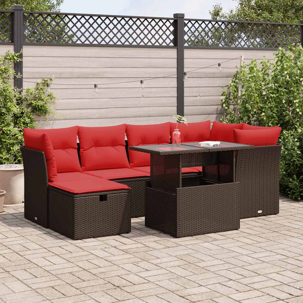 7 Pcs conj. sofás jardim c/ almofadões vime PE/acácia castanho