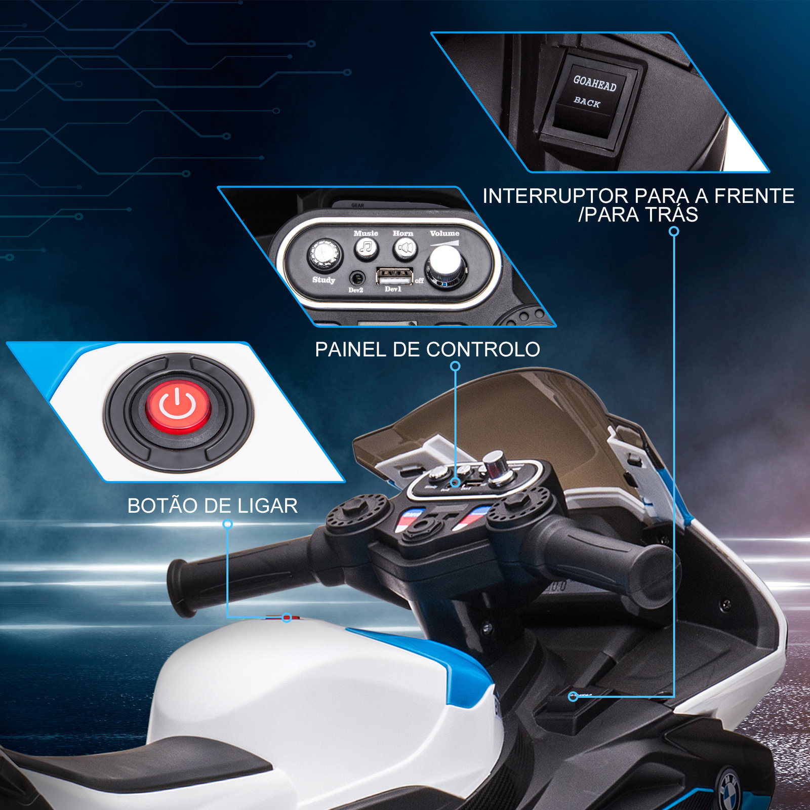 Mota elétrica bmw hp4 com música USB velocidade 2,5km/h avance e retrocesso 82,5x42x54cm vermelha