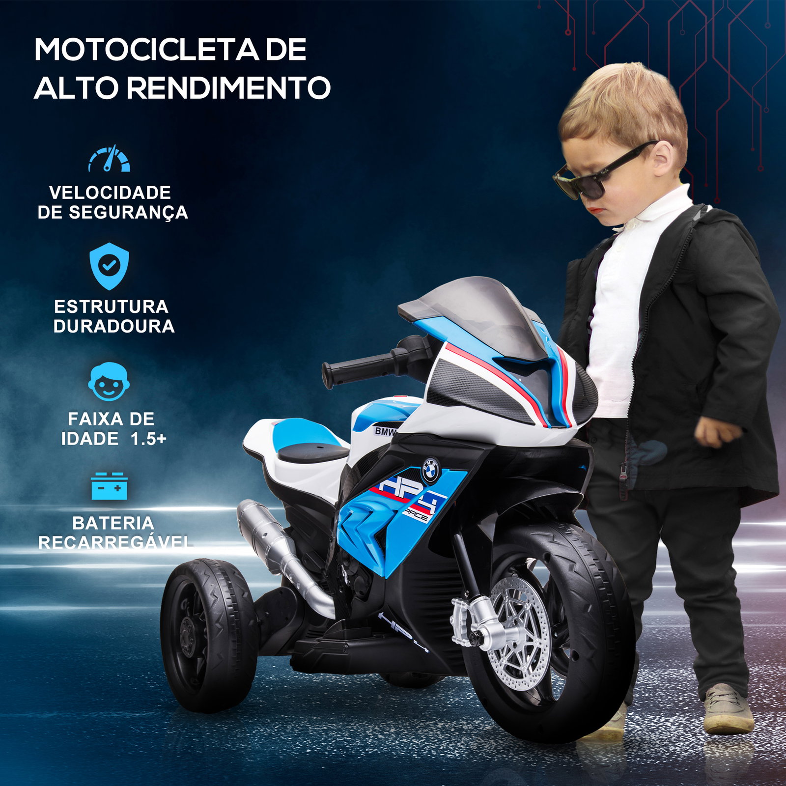 Mota elétrica bmw hp4 com música USB velocidade 2,5km/h avance e retrocesso 82,5x42x54cm vermelha