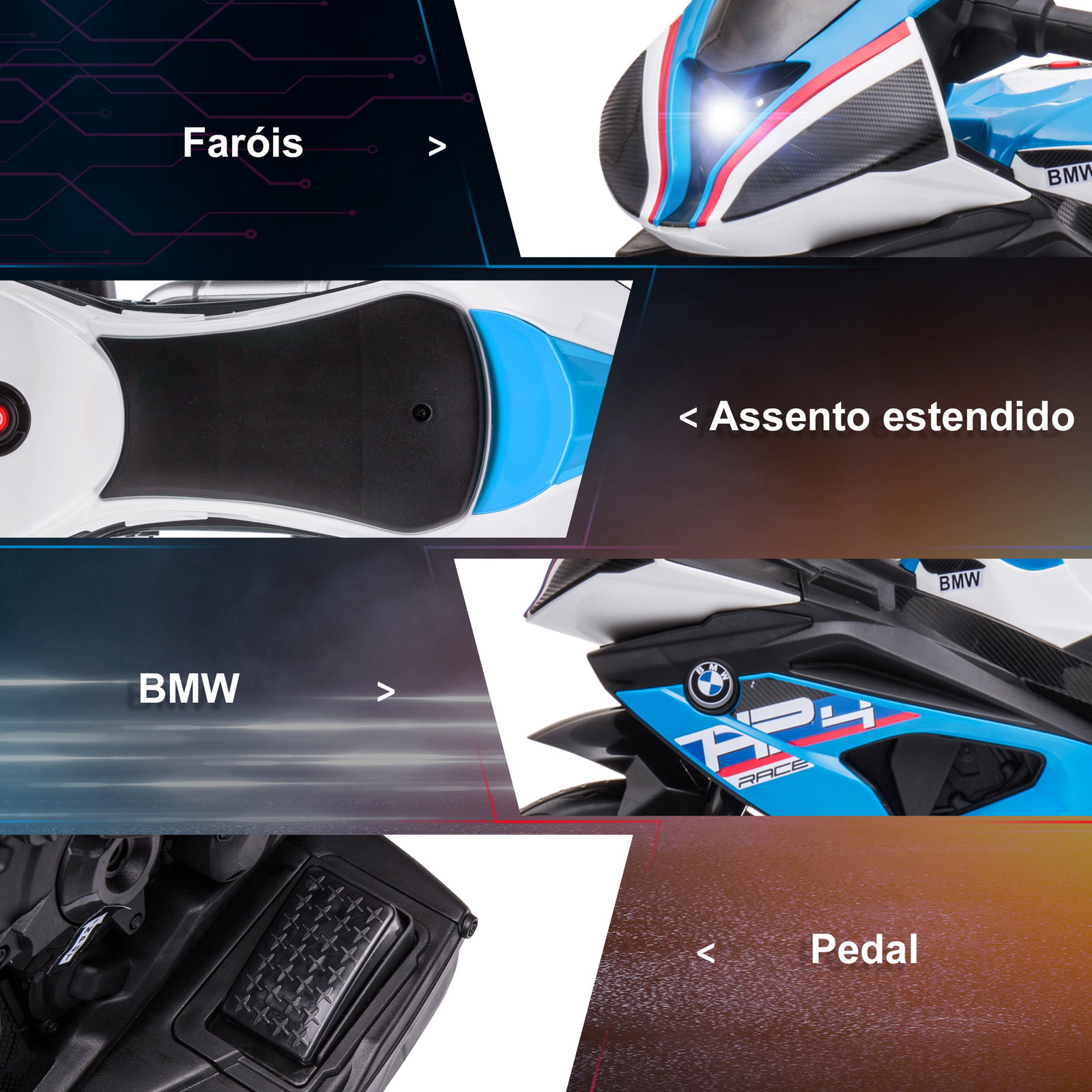 Mota elétrica bmw hp4 com música USB velocidade 2,5km/h avance e retrocesso 82,5x42x54cm vermelha