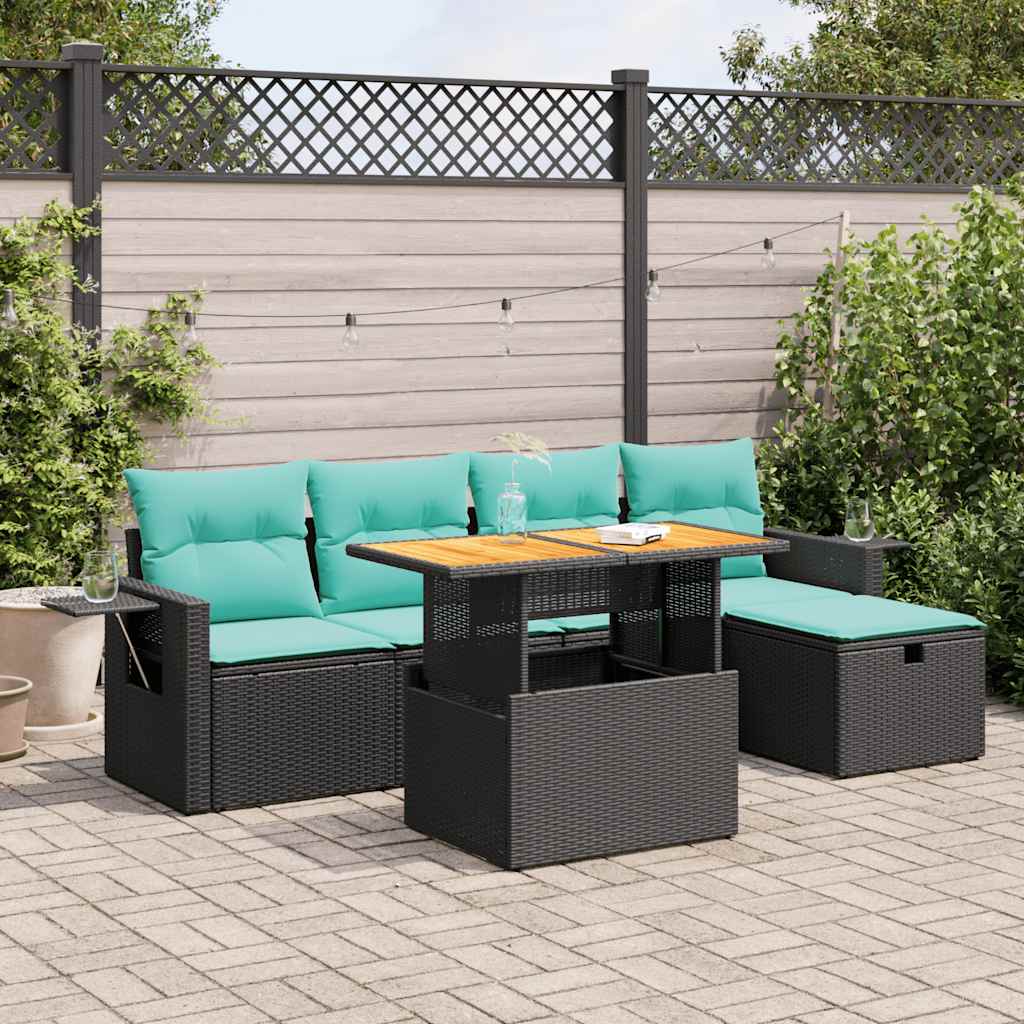 6 Pcs conjunto sofás jardim c/ almofadões vime PE/acácia preto