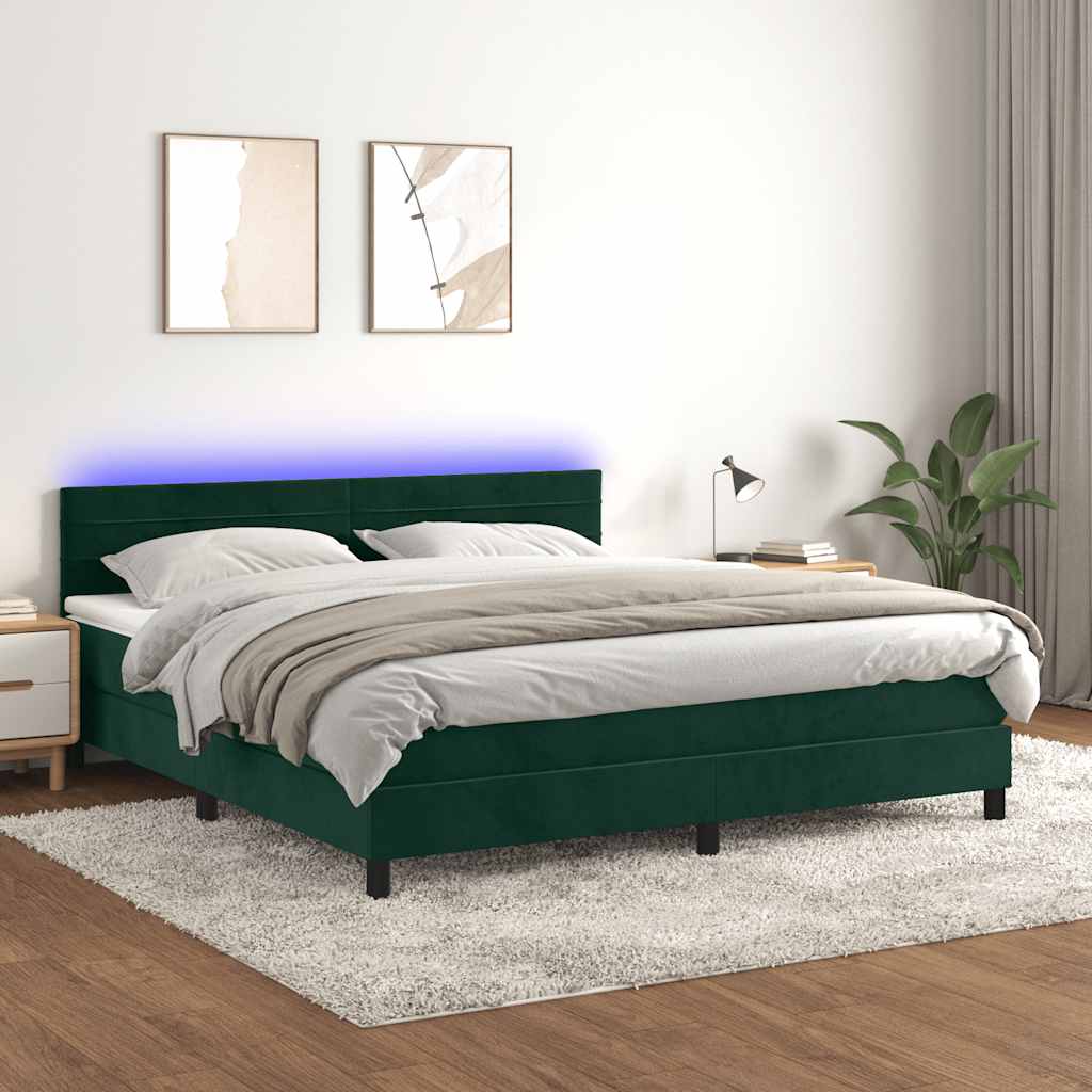 Cama box spring c/ colchão/LED 180x200 cm veludo verde-escuro