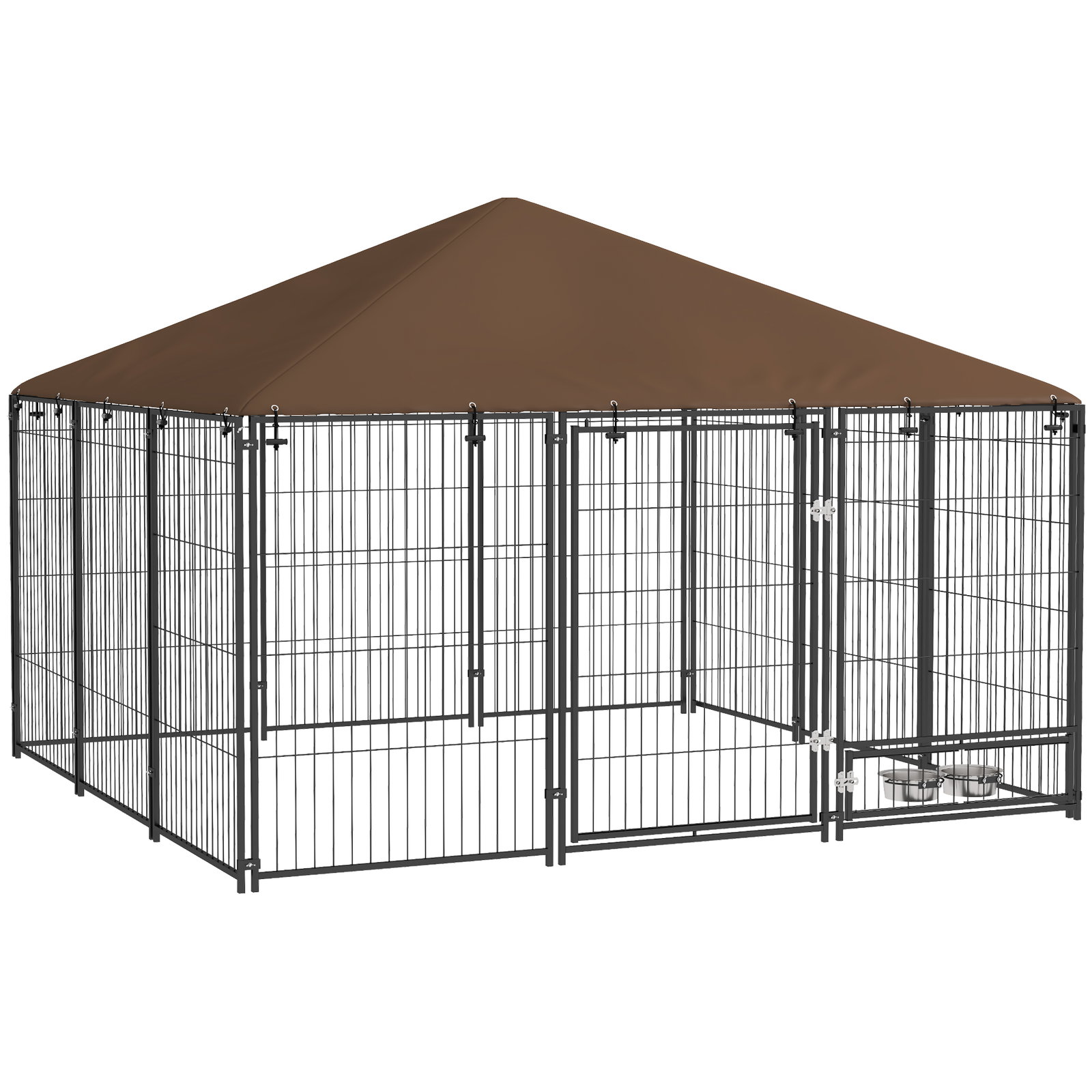 Parque para cães com toldo canil para exterior com suporte giratório para comida 2 tigelas 211x211x151 cm preto marrom