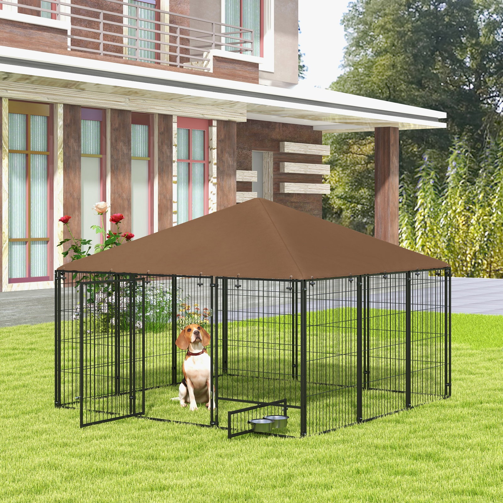 Parque para cães com toldo canil para exterior com suporte giratório para comida 2 tigelas 211x211x151 cm preto marrom