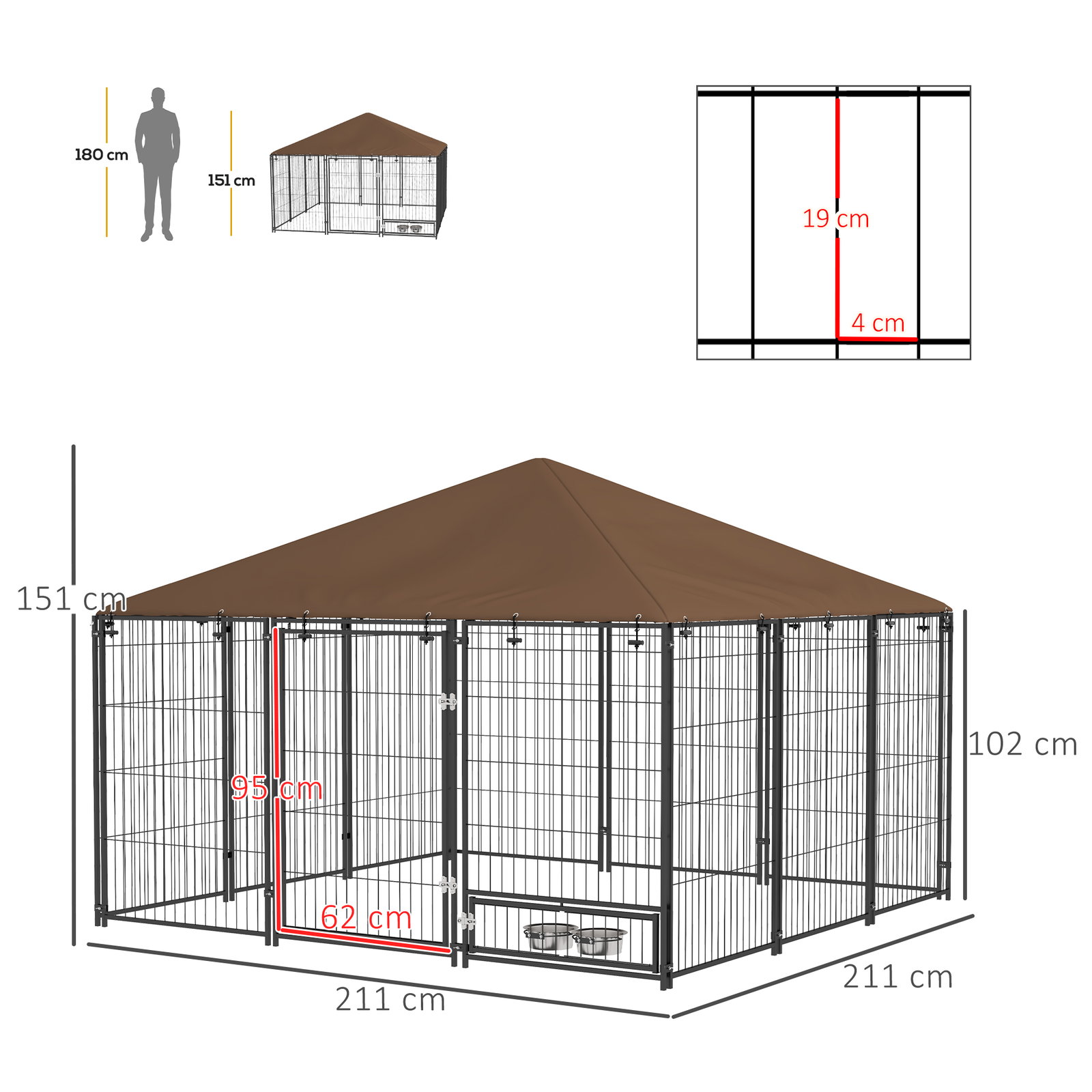 Parque para cães com toldo canil para exterior com suporte giratório para comida 2 tigelas 211x211x151 cm preto marrom