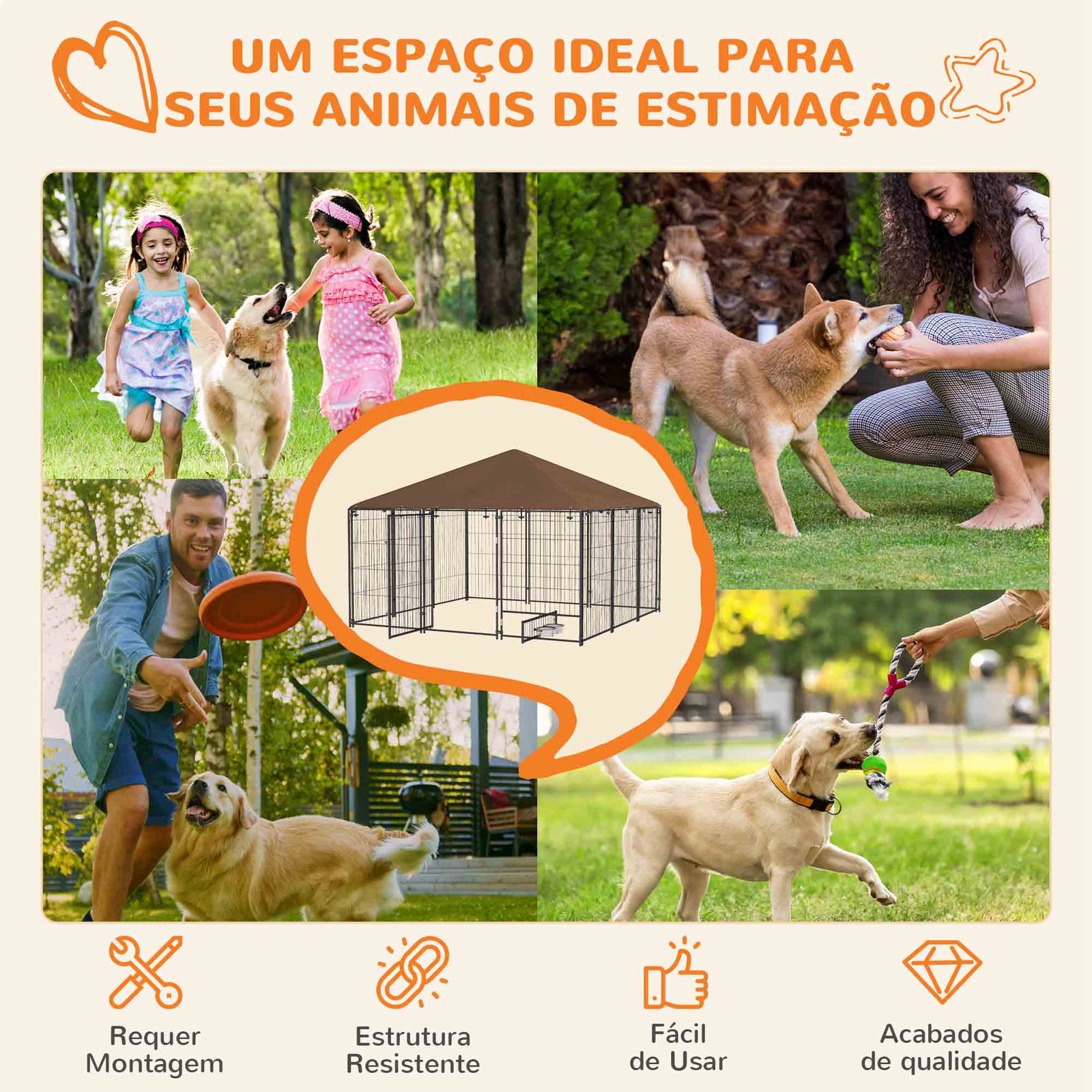Parque para cães com toldo canil para exterior com suporte giratório para comida 2 tigelas 211x211x151 cm preto marrom