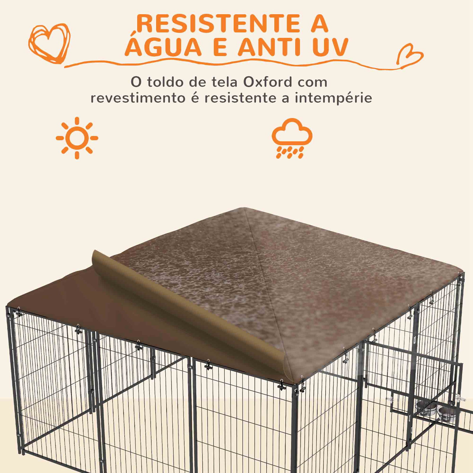Parque para cães com toldo canil para exterior com suporte giratório para comida 2 tigelas 211x211x151 cm preto marrom