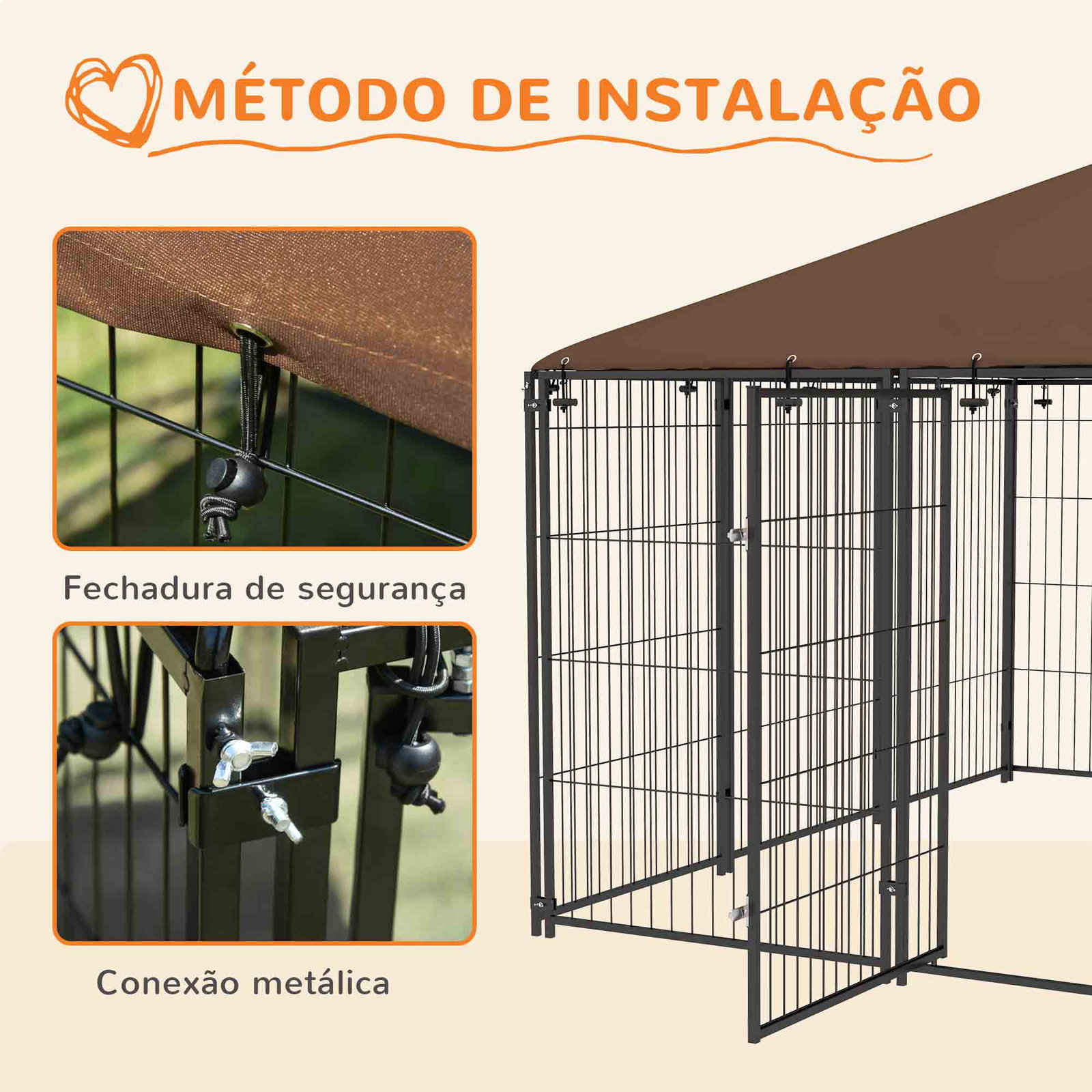 Parque para cães com toldo canil para exterior com suporte giratório para comida 2 tigelas 211x211x151 cm preto marrom