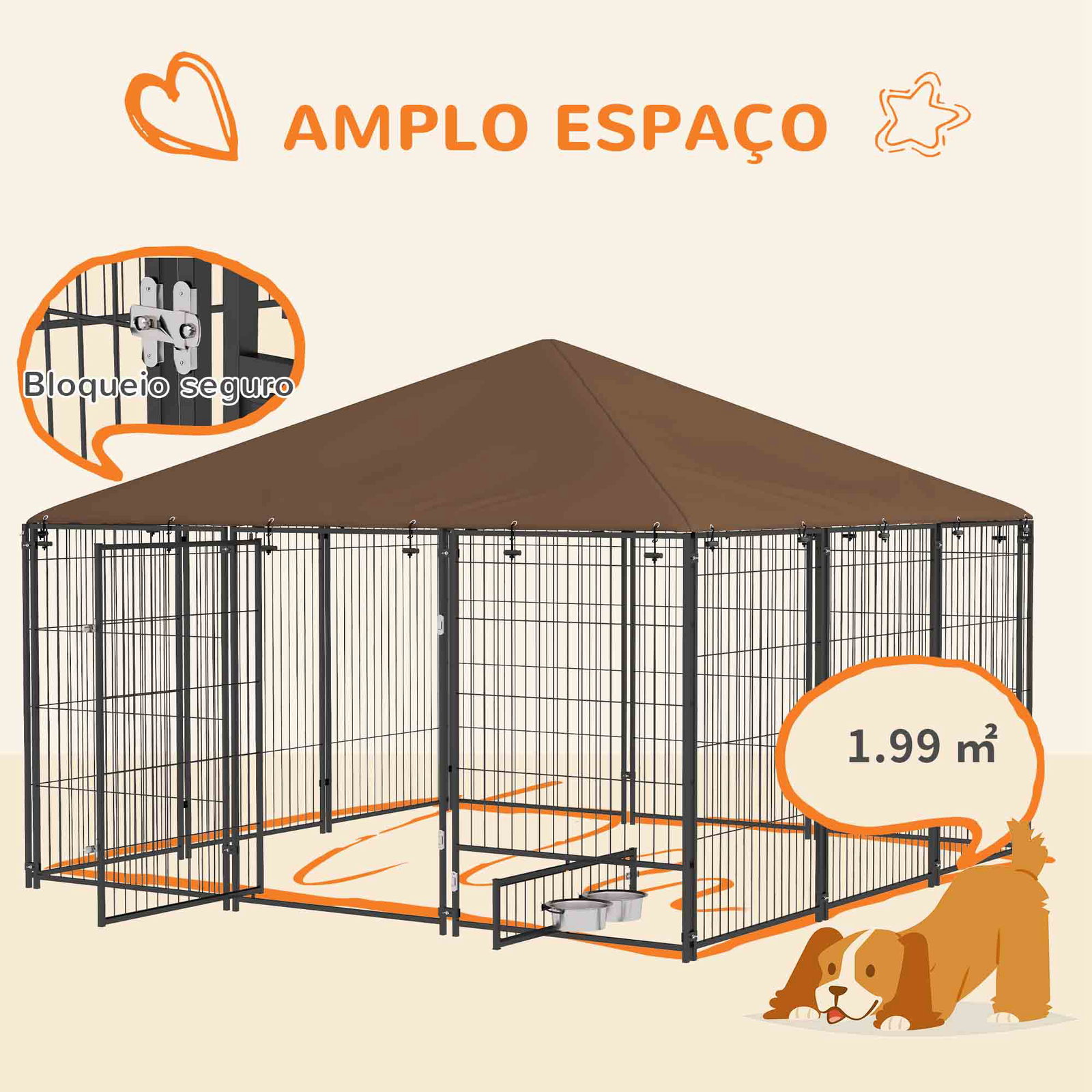 Parque para cães com toldo canil para exterior com suporte giratório para comida 2 tigelas 211x211x151 cm preto marrom