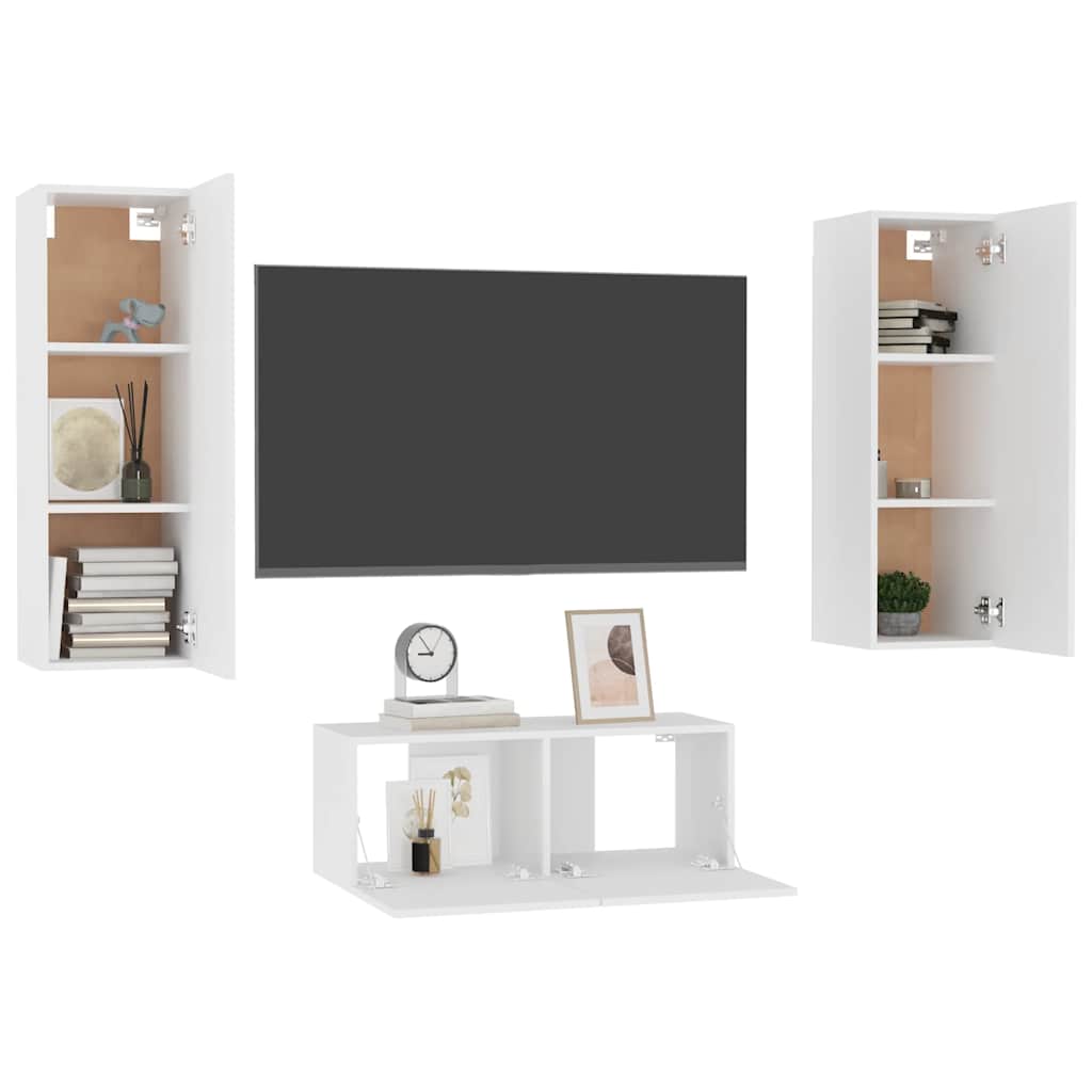3 Pcs conjunto de móveis de TV derivados de madeira branco