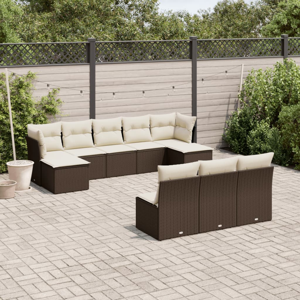 10 Pcs conj. sofás jardim com almofadões vime PE castanho
