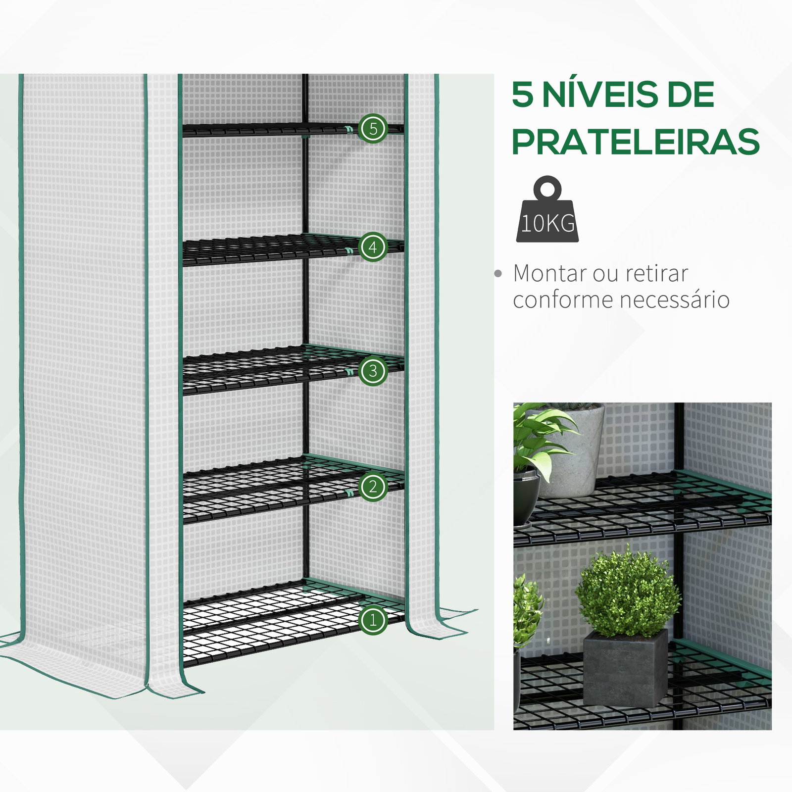 Estufa de jardim de 5 prateleiras estufa resistente com 1 porta com fecho de correr anti-UV 90x49x193 cm branco