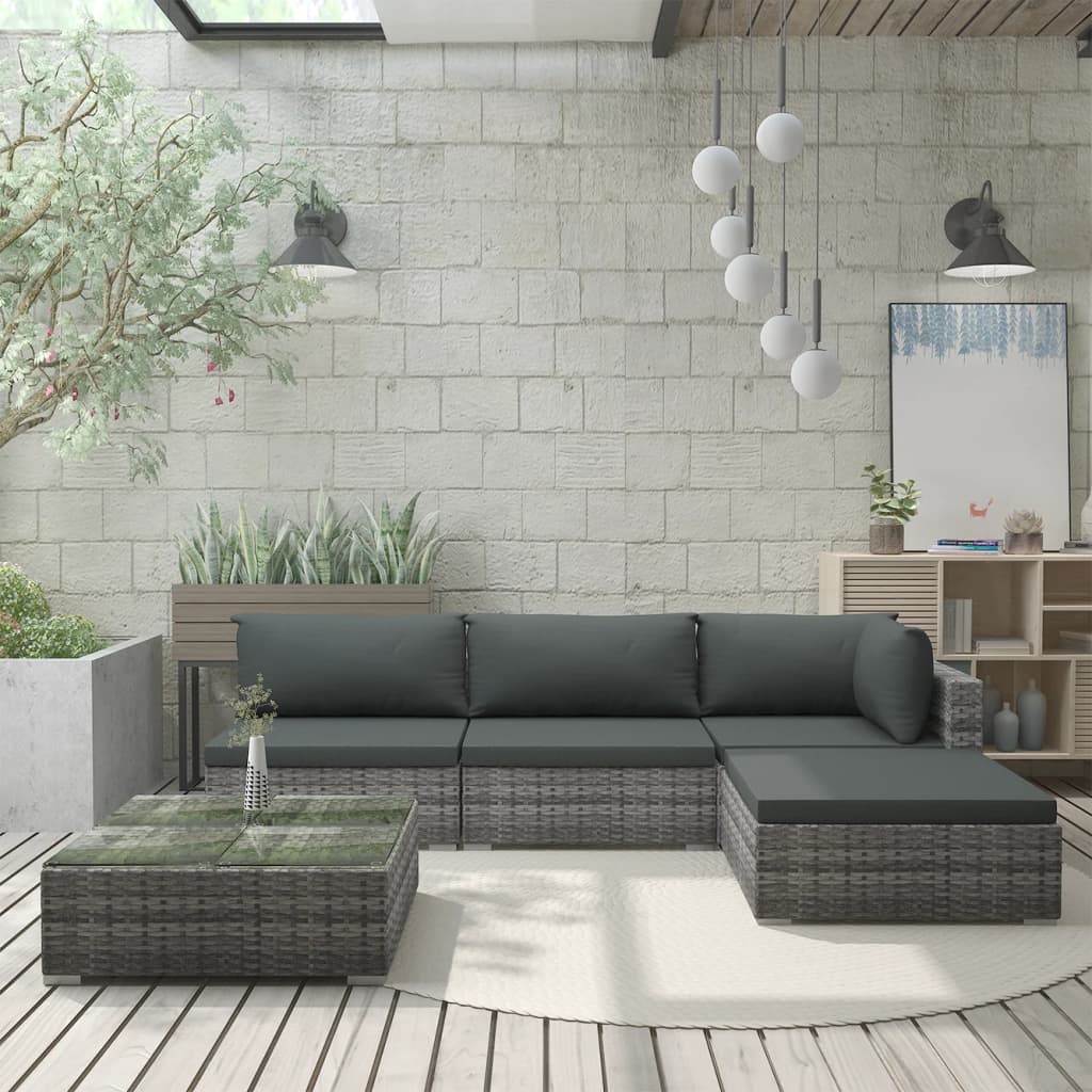 5 Pcs conjunto lounge de jardim c/ almofadões vime PE cinzento