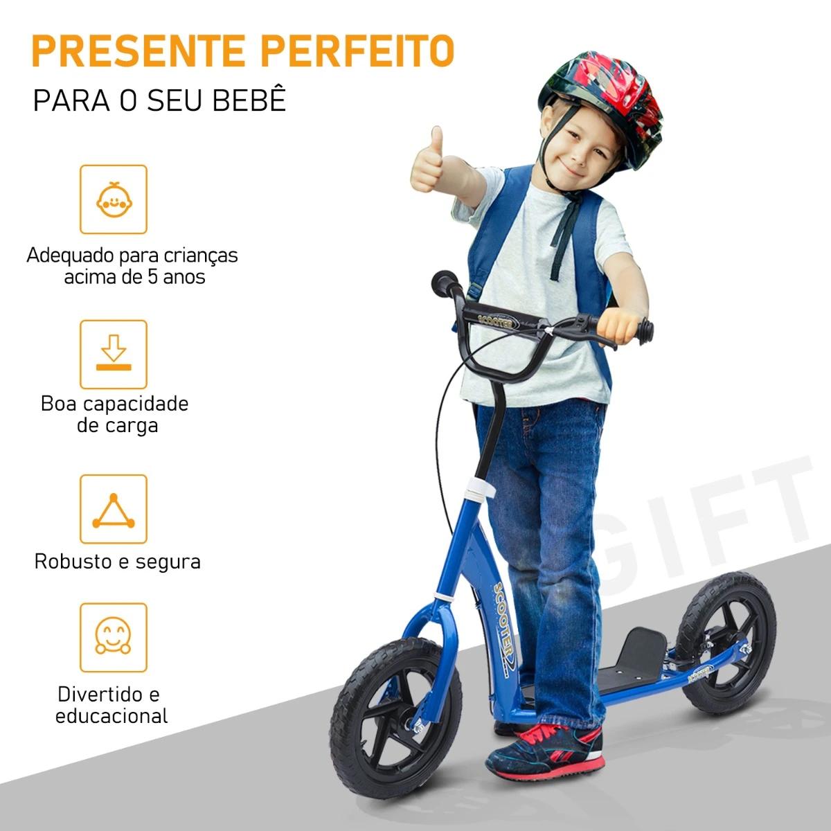 Trotinete para Crianças acima de 5 anos Scooter de 2 Rodas Grandes de 12 Polegadas com Freio e Guidão Ajustável em Altura Carga
