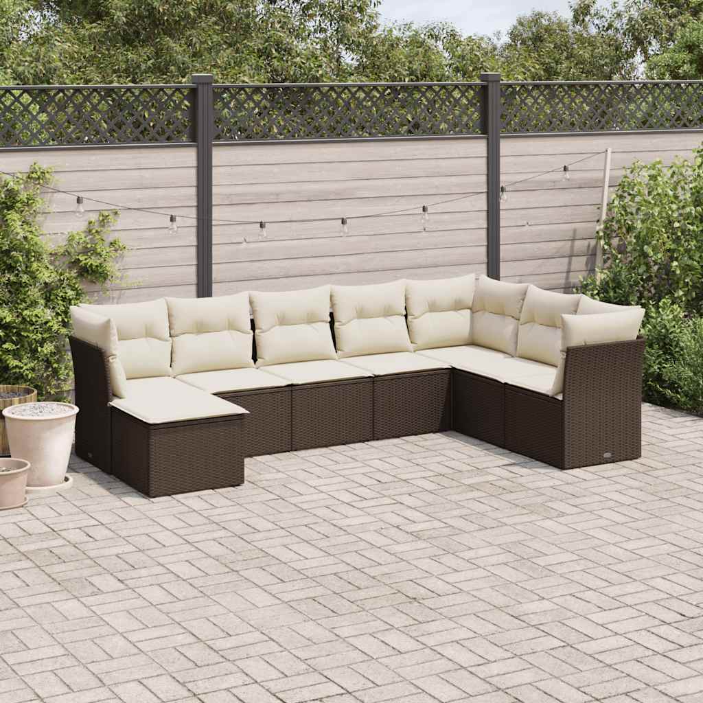 8 Pcs conjunto sofás de jardim c/ almofadões vime PE castanho